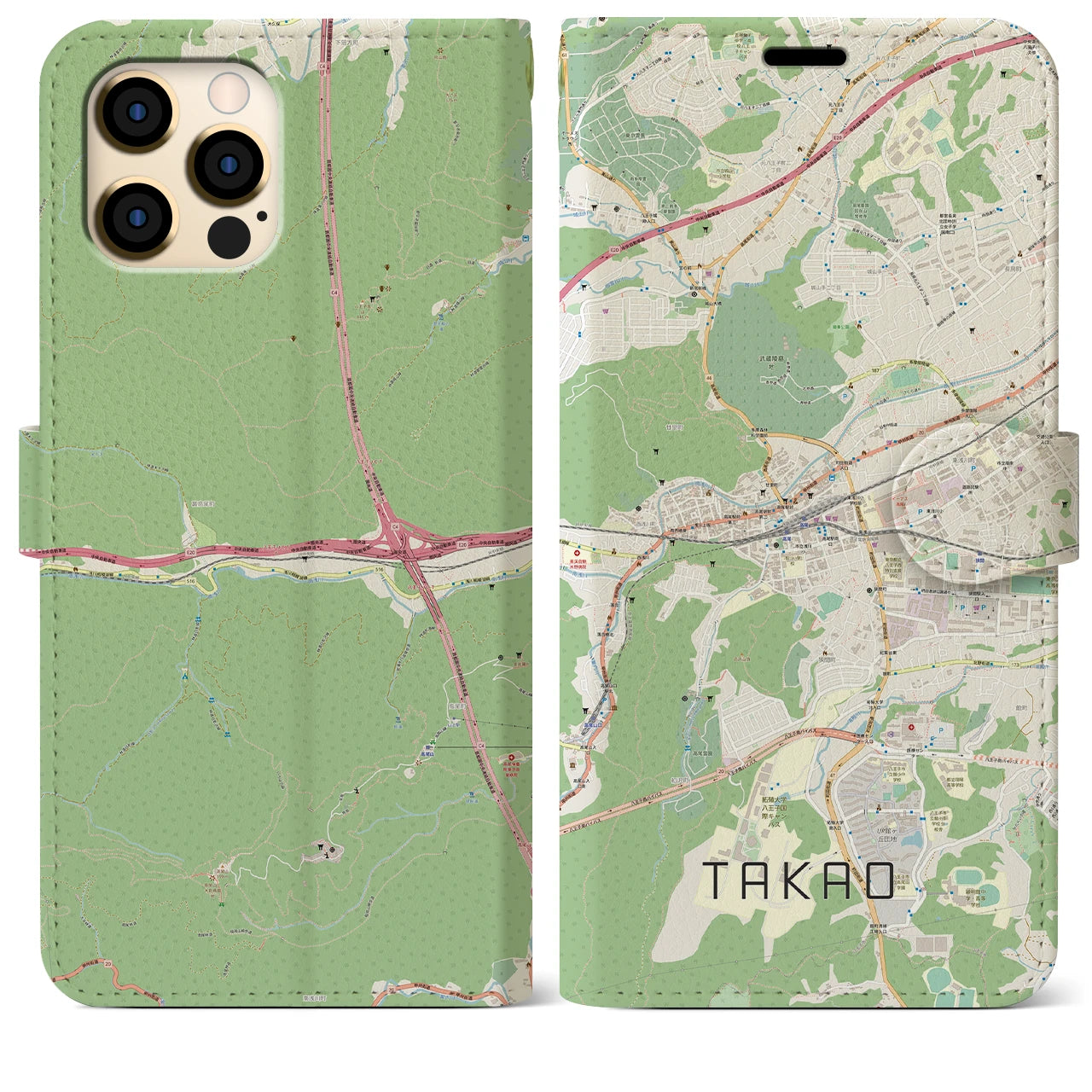 【高尾(東京都)】地図柄iPhoneケース(手帳タイプ)ナチュラル・iPhone 12 Pro Max 用