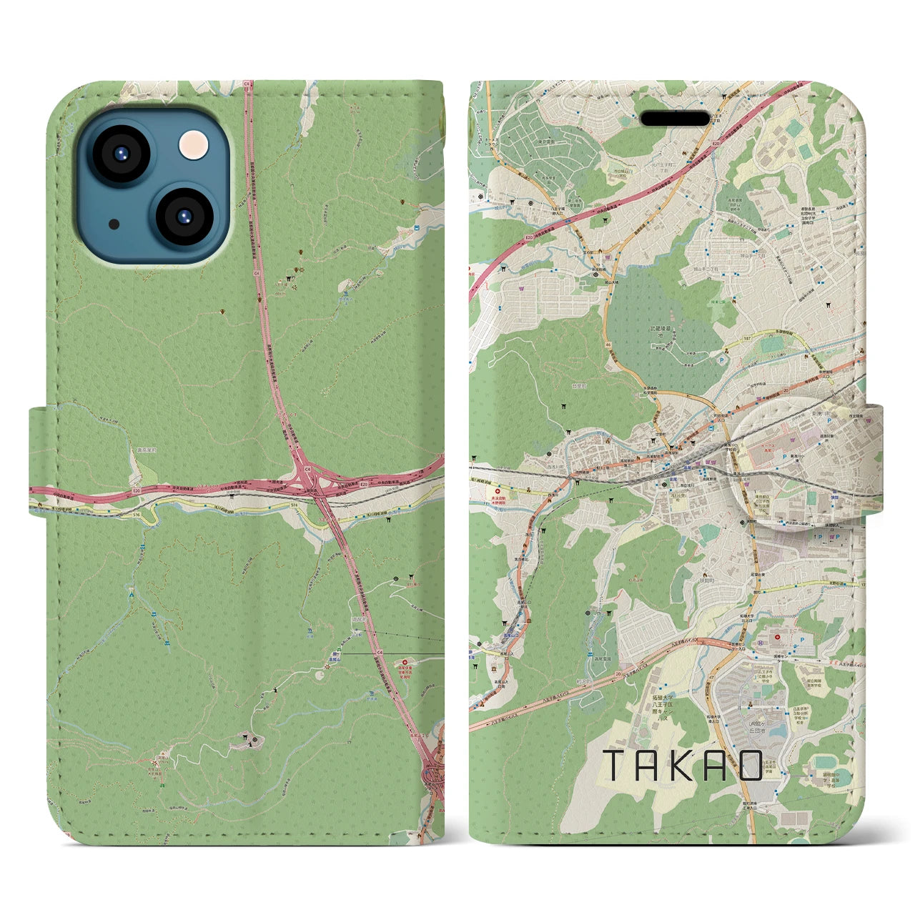 【高尾(東京都)】地図柄iPhoneケース(手帳タイプ)ナチュラル・iPhone 13 用