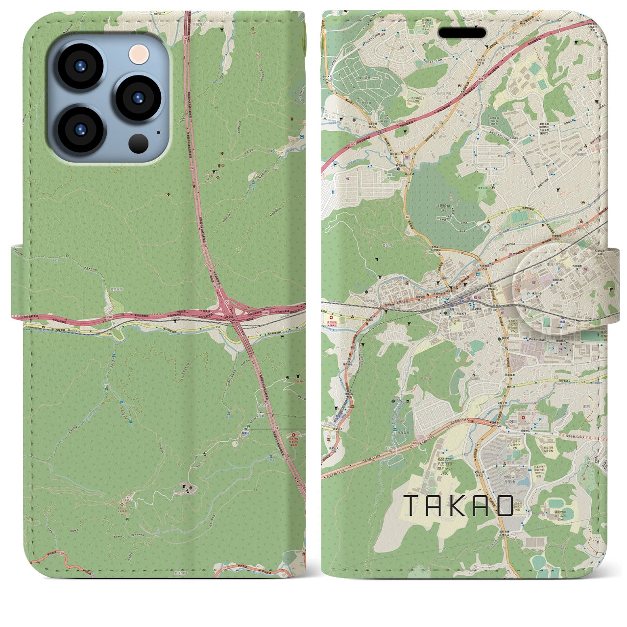 【高尾(東京都)】地図柄iPhoneケース(手帳タイプ)ナチュラル・iPhone 13 Pro Max 用