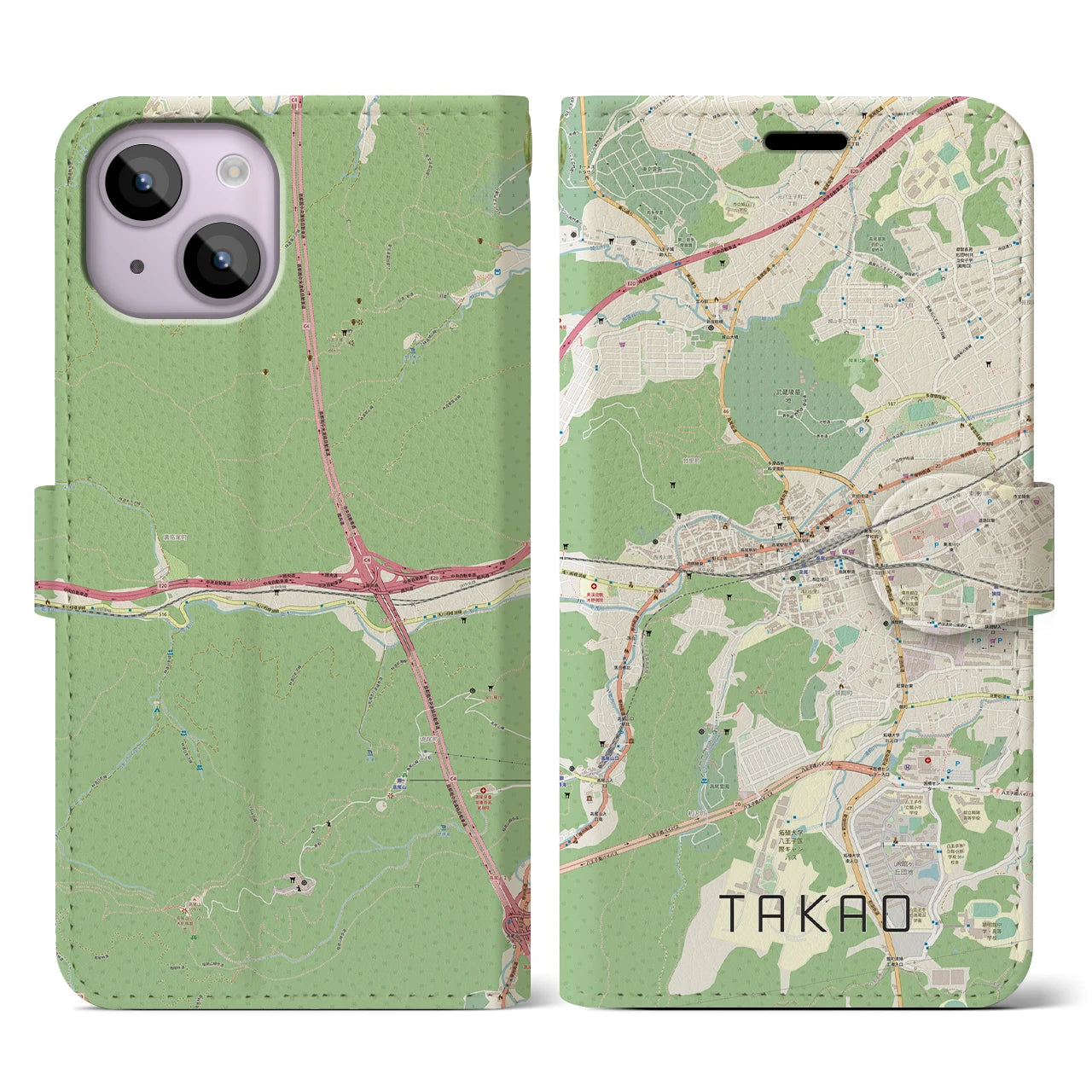 【高尾(東京都)】地図柄iPhoneケース(手帳タイプ)ナチュラル・iPhone 14 用