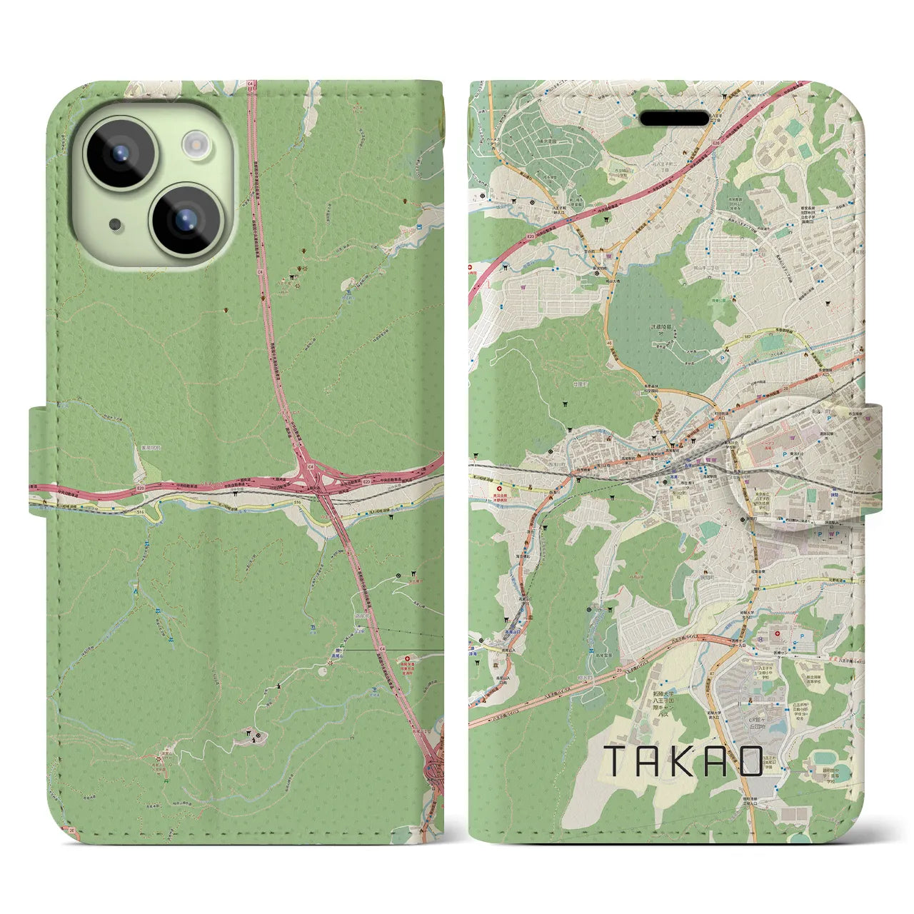 【高尾(東京都)】地図柄iPhoneケース(手帳タイプ)ナチュラル・iPhone 15 用