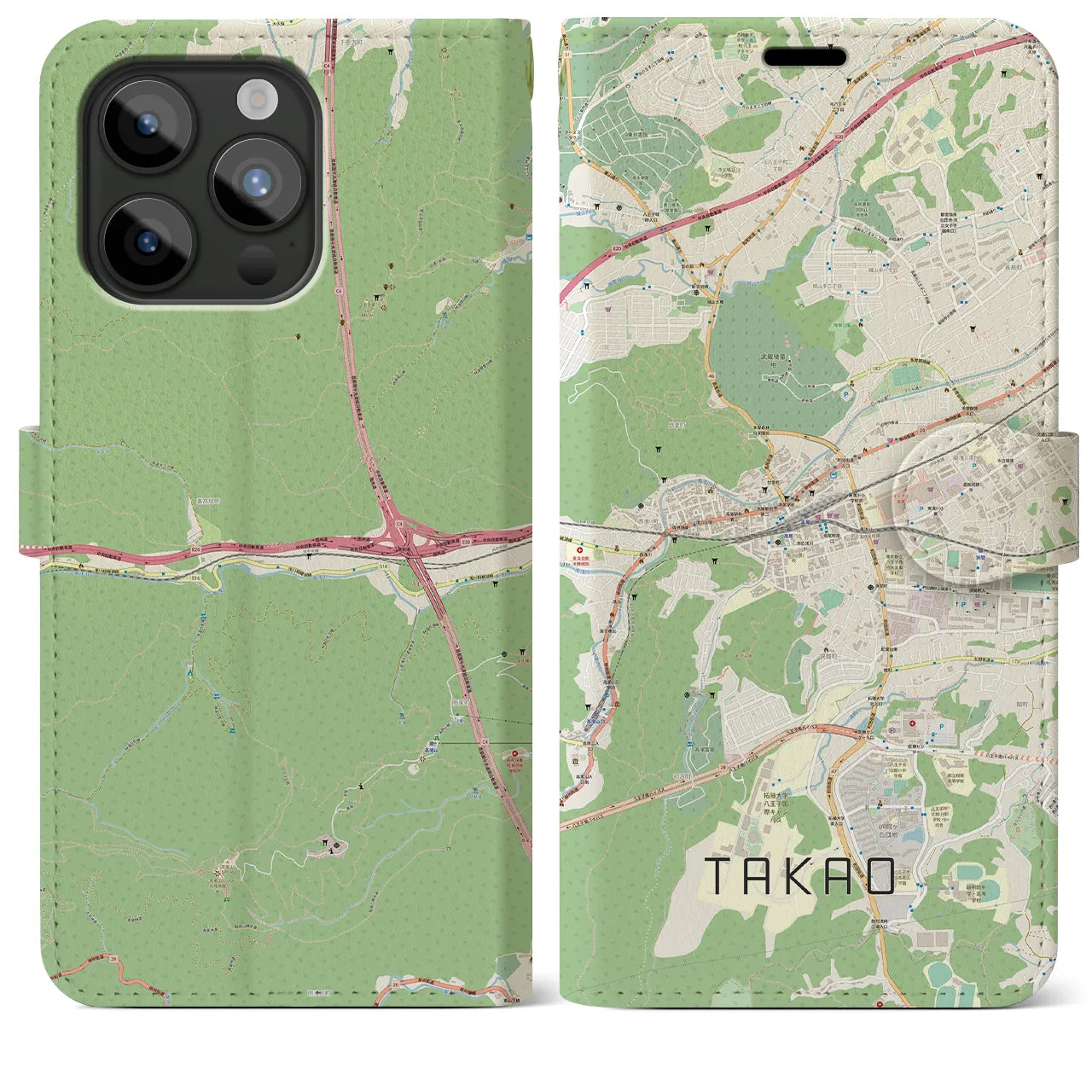 【高尾(東京都)】地図柄iPhoneケース(手帳タイプ)ナチュラル・iPhone 15 Pro Max 用