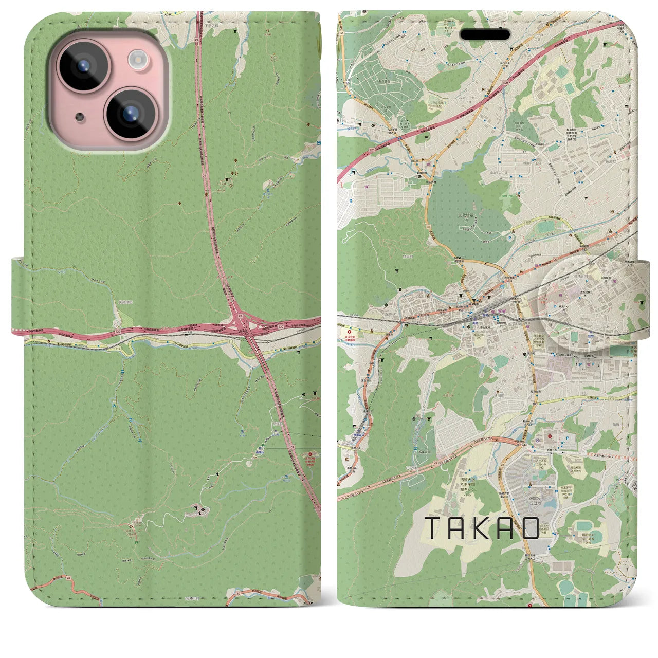 【高尾(東京都)】地図柄iPhoneケース(手帳タイプ)ナチュラル・iPhone 15 Plus 用