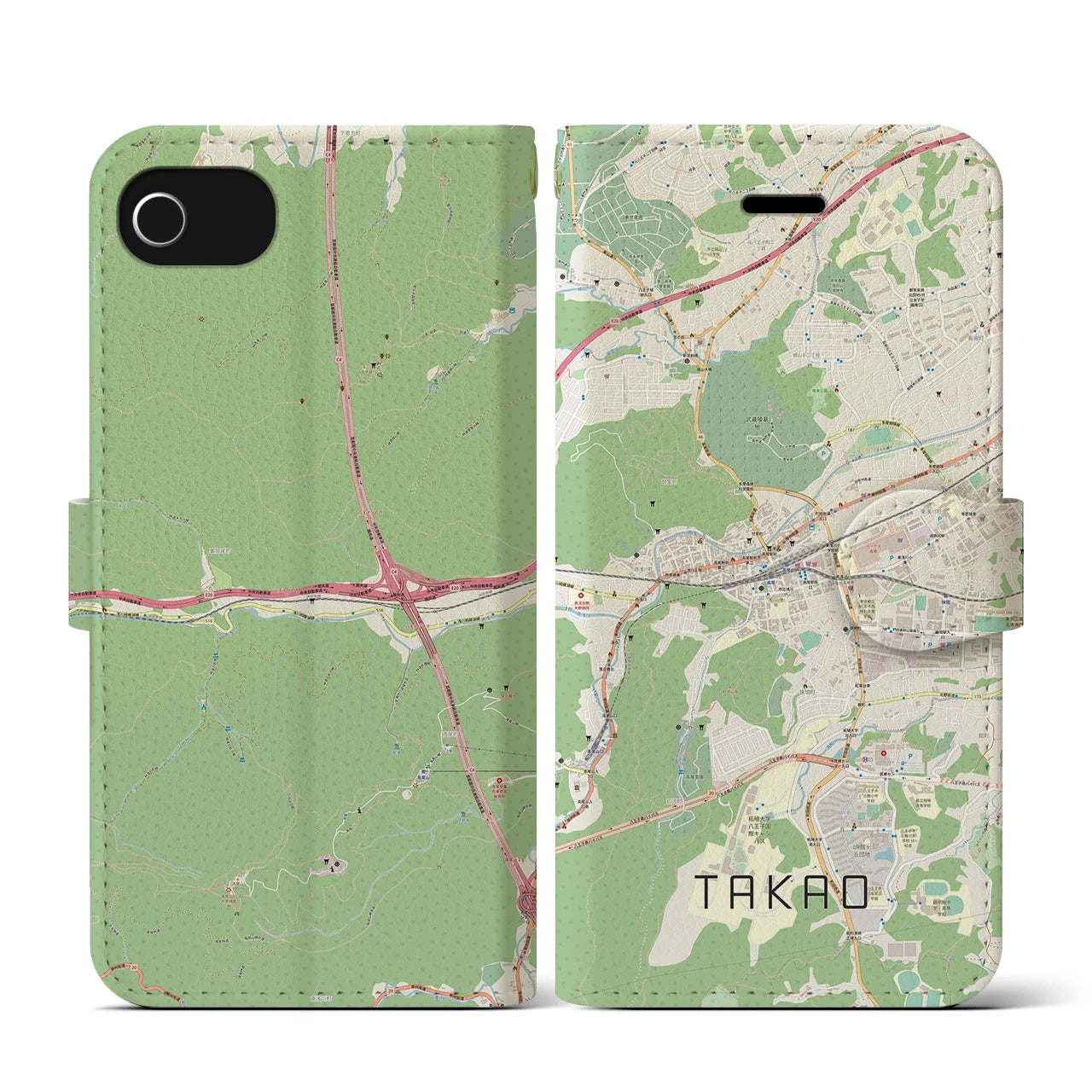 【高尾(東京都)】地図柄iPhoneケース(手帳タイプ)ナチュラル・iPhone SE(第3 / 第2世代) / 8 / 7 / 6s / 6 用