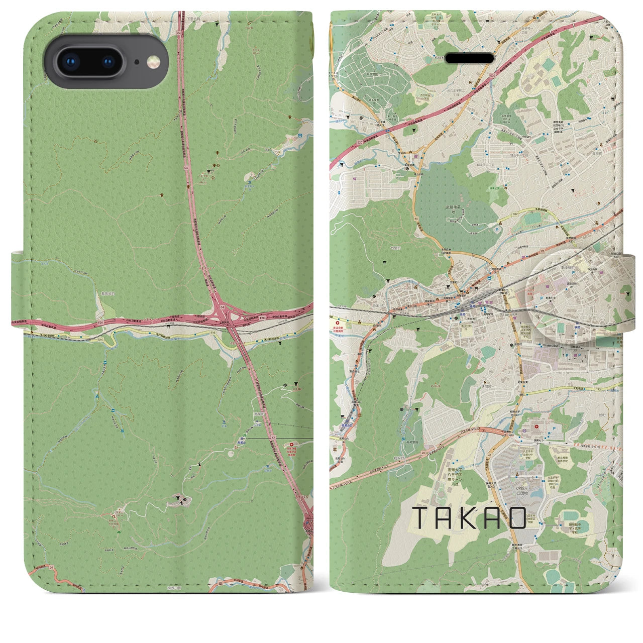 【高尾(東京都)】地図柄iPhoneケース(手帳タイプ)ナチュラル・iPhone 8Plus /7Plus / 6sPlus / 6Plus 用