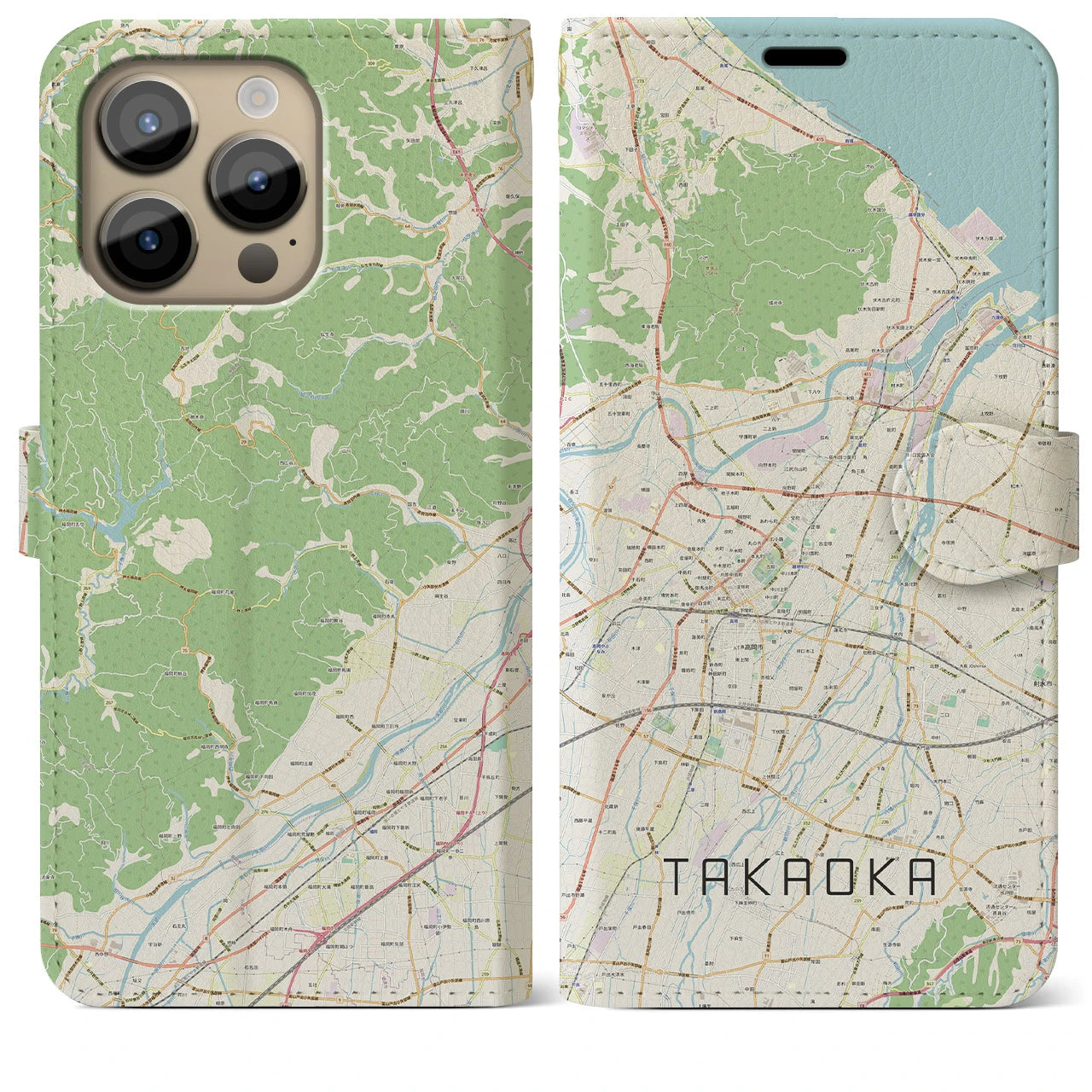 【高岡(富山県)】地図柄iPhoneケース(手帳タイプ)ナチュラル・iPhone 14 Pro Max 用
