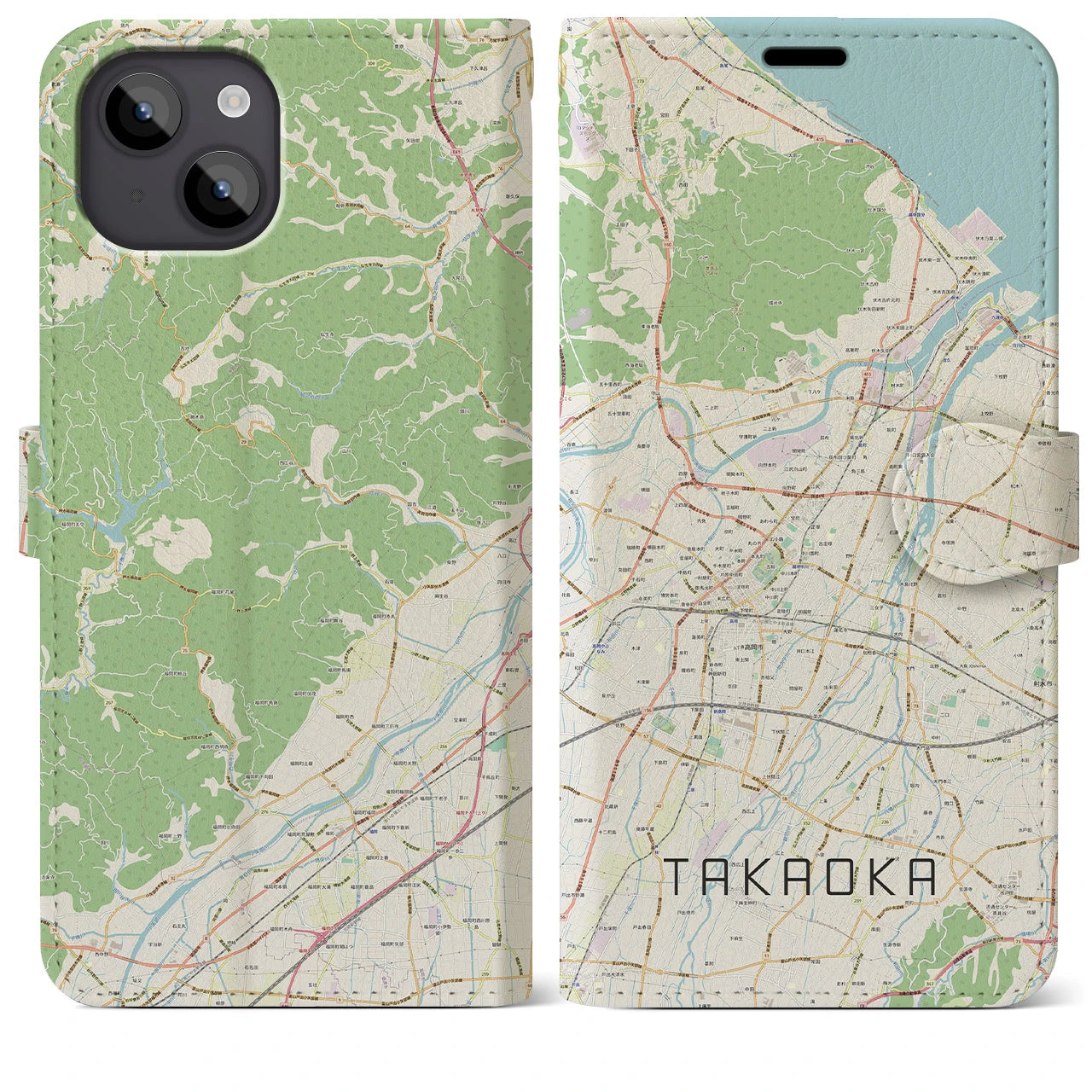 【高岡(富山県)】地図柄iPhoneケース(手帳タイプ)ナチュラル・iPhone 14 Plus 用