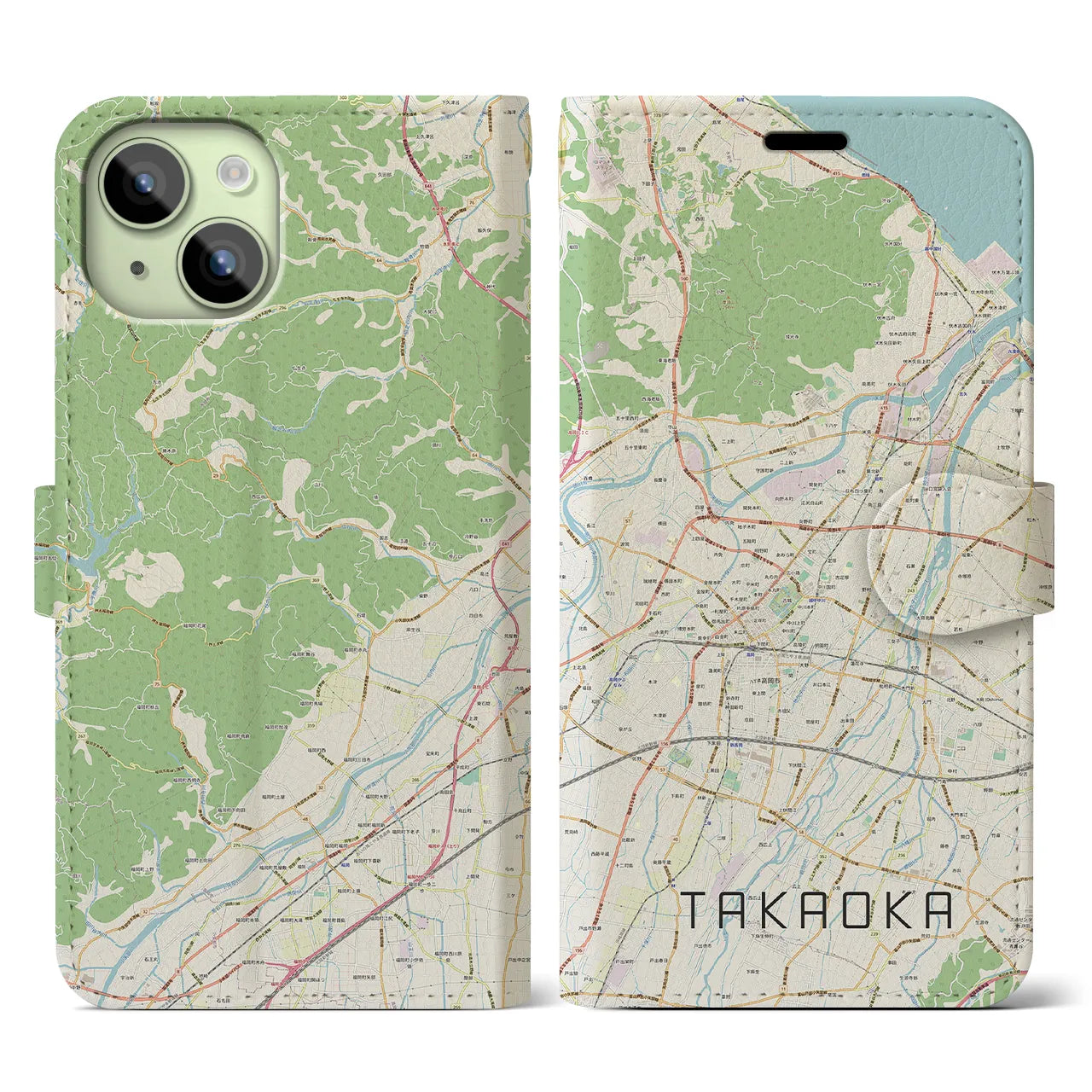 【高岡(富山県)】地図柄iPhoneケース(手帳タイプ)ナチュラル・iPhone 15 用