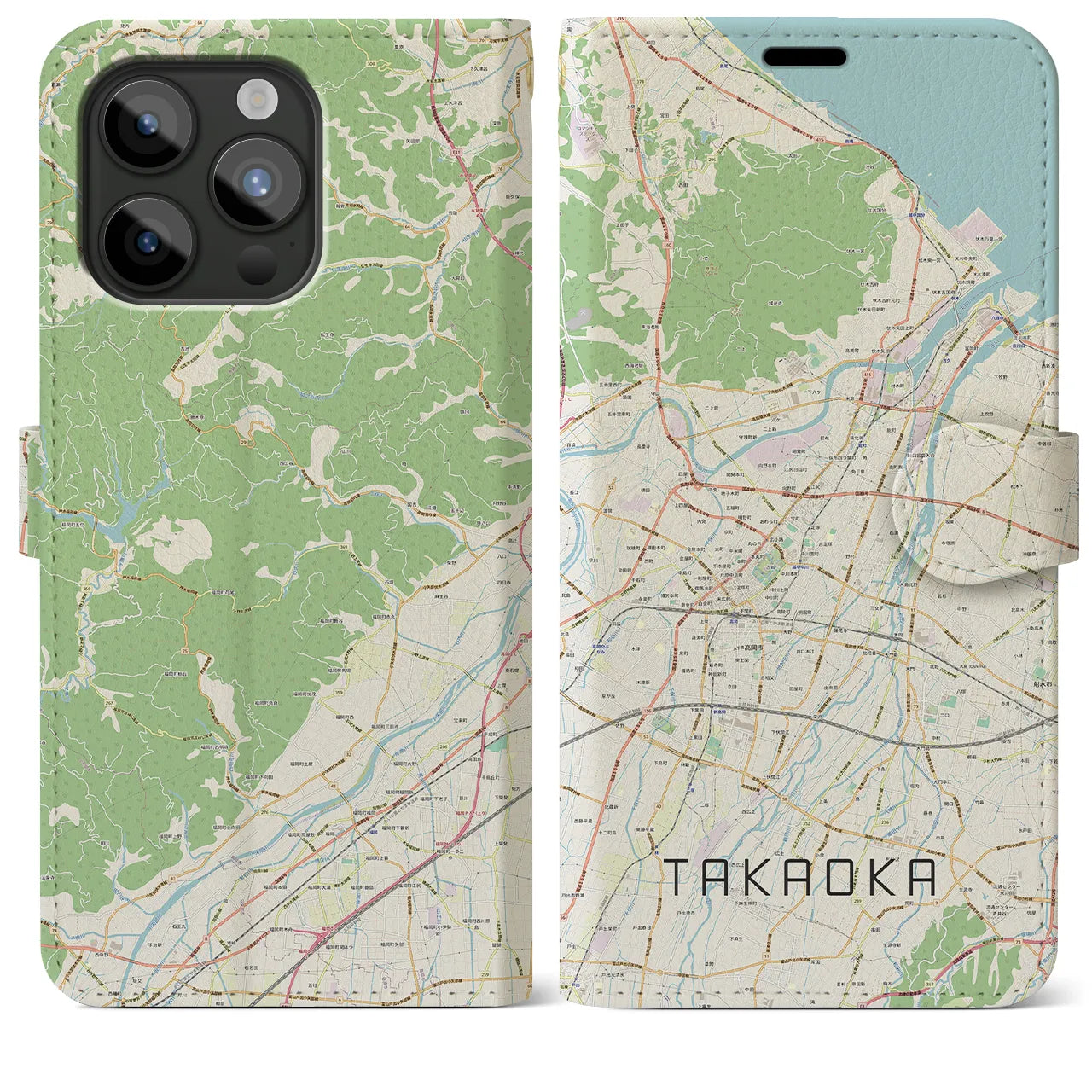 【高岡(富山県)】地図柄iPhoneケース(手帳タイプ)ナチュラル・iPhone 15 Pro Max 用