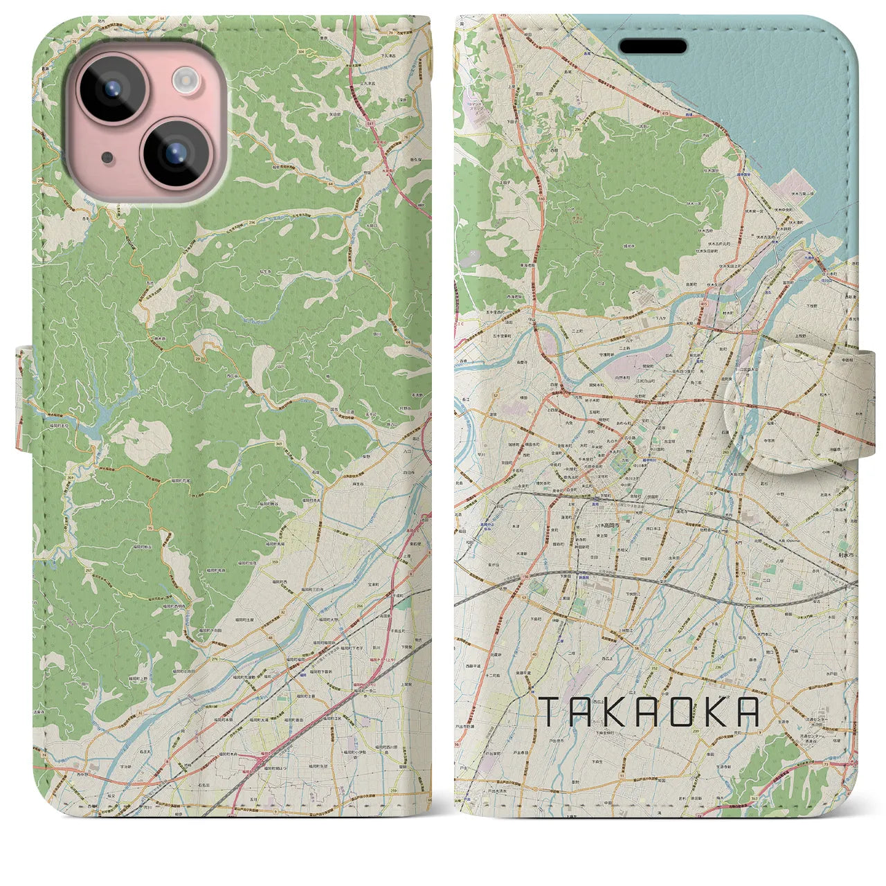 【高岡(富山県)】地図柄iPhoneケース(手帳タイプ)ナチュラル・iPhone 15 Plus 用