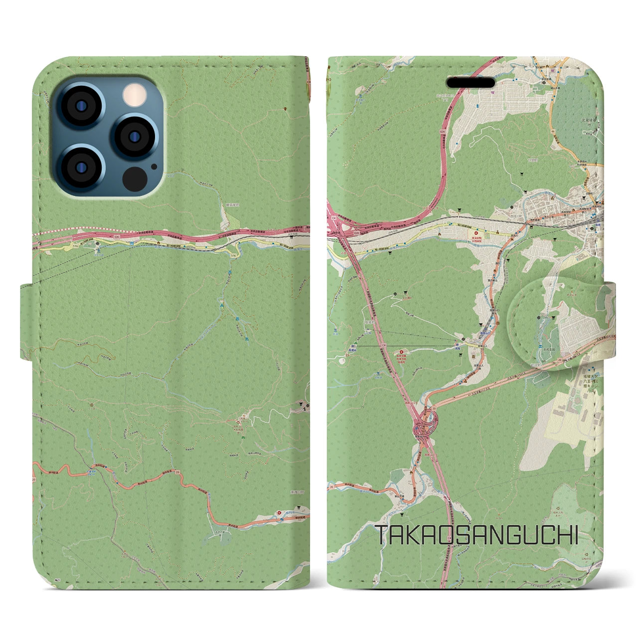 【高尾山口(東京都)】地図柄iPhoneケース(手帳タイプ)ナチュラル・iPhone 12 / 12 Pro 用