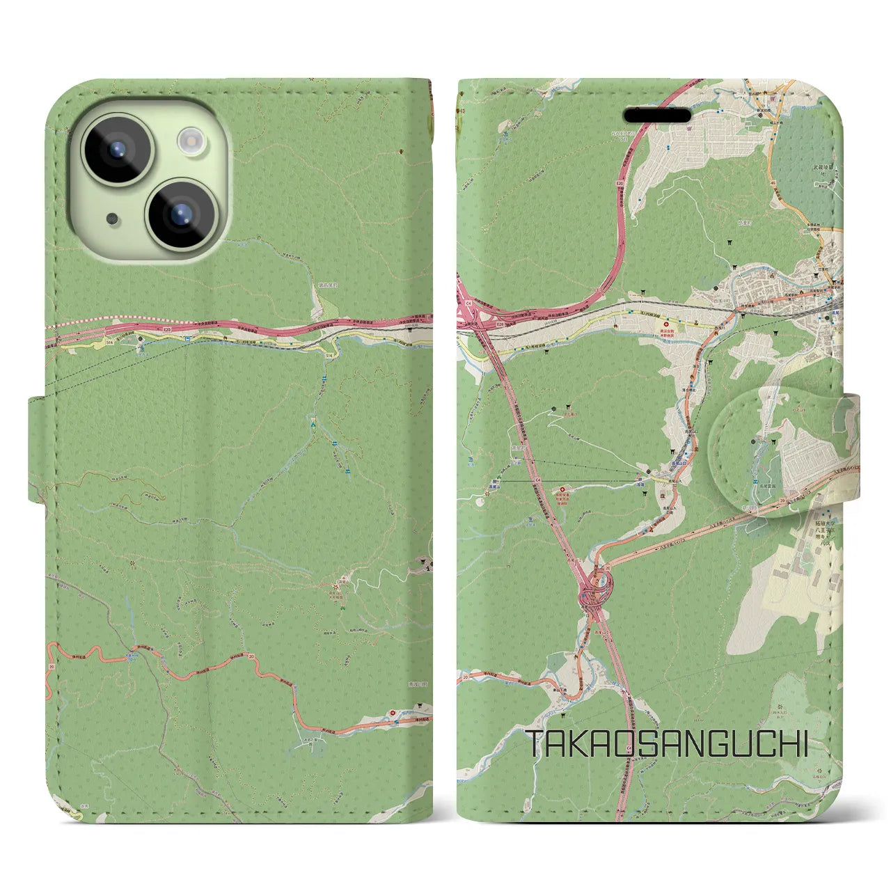 【高尾山口(東京都)】地図柄iPhoneケース(手帳タイプ)ナチュラル・iPhone 15 用