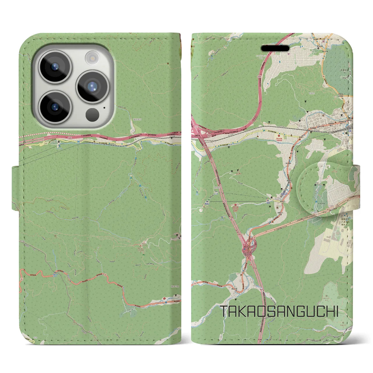 【高尾山口(東京都)】地図柄iPhoneケース(手帳タイプ)ナチュラル・iPhone 15 Pro 用