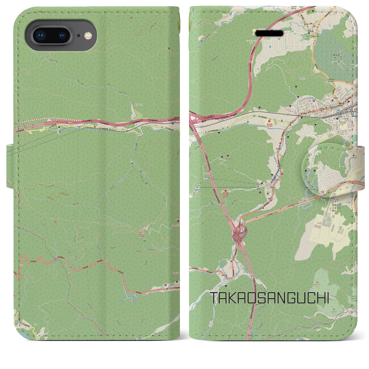 【高尾山口(東京都)】地図柄iPhoneケース(手帳タイプ)ナチュラル・iPhone 8Plus /7Plus / 6sPlus / 6Plus 用