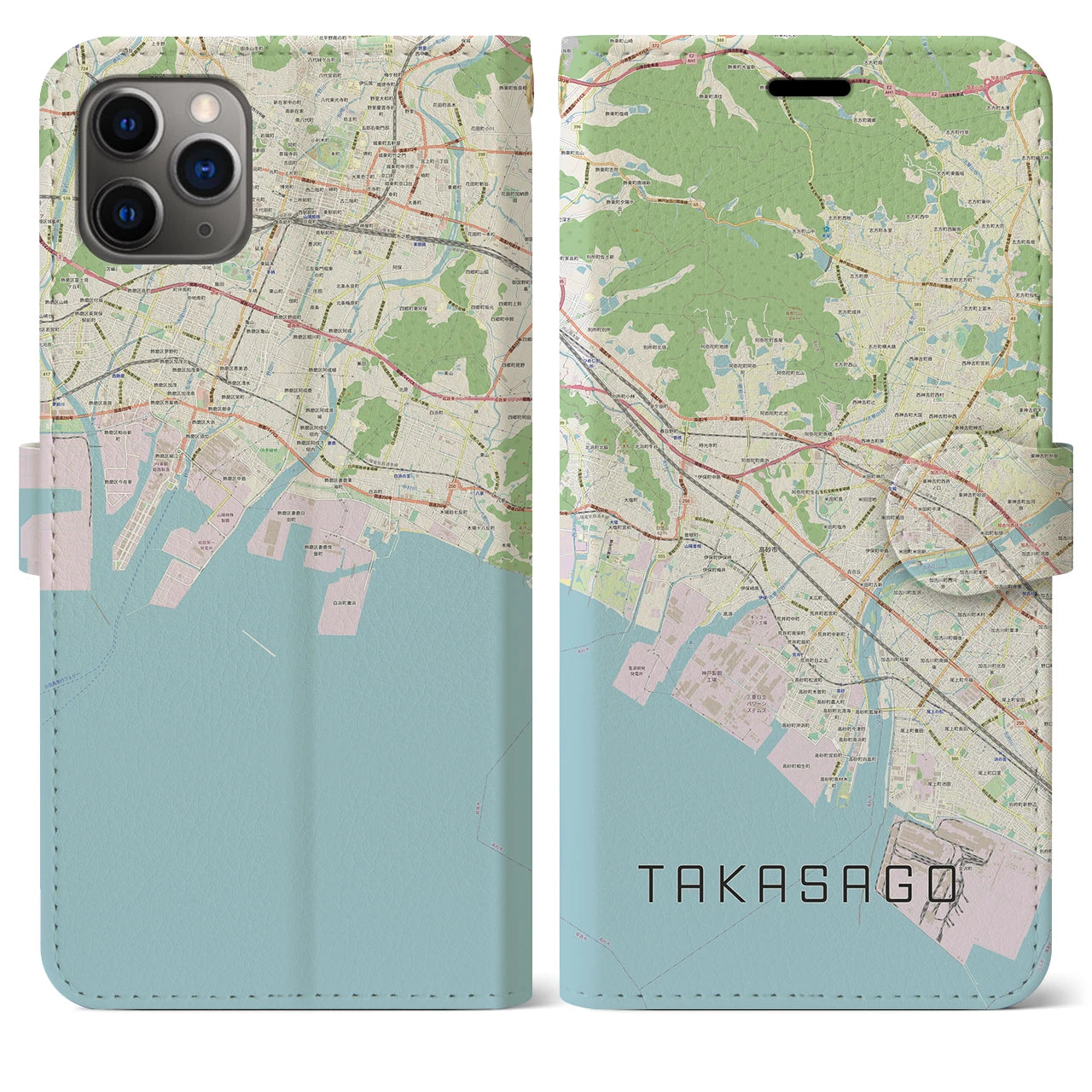 【高砂(兵庫県)】地図柄iPhoneケース(手帳タイプ)ナチュラル・iPhone 11 Pro Max 用