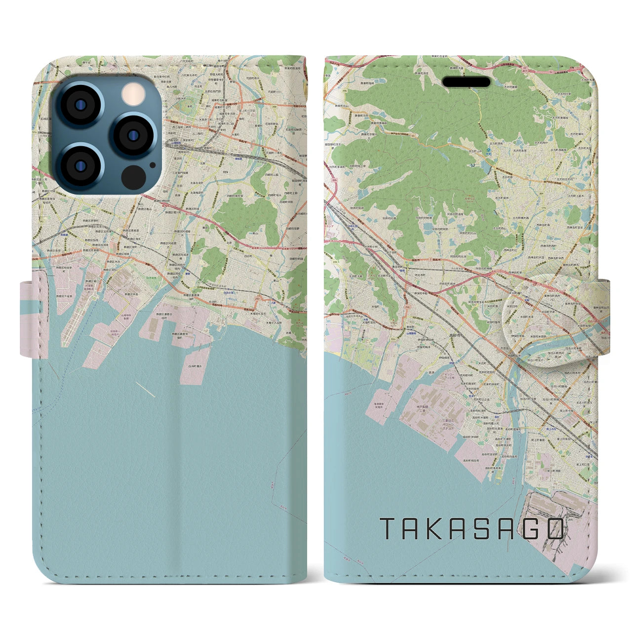 【高砂(兵庫県)】地図柄iPhoneケース(手帳タイプ)ナチュラル・iPhone 12 / 12 Pro 用