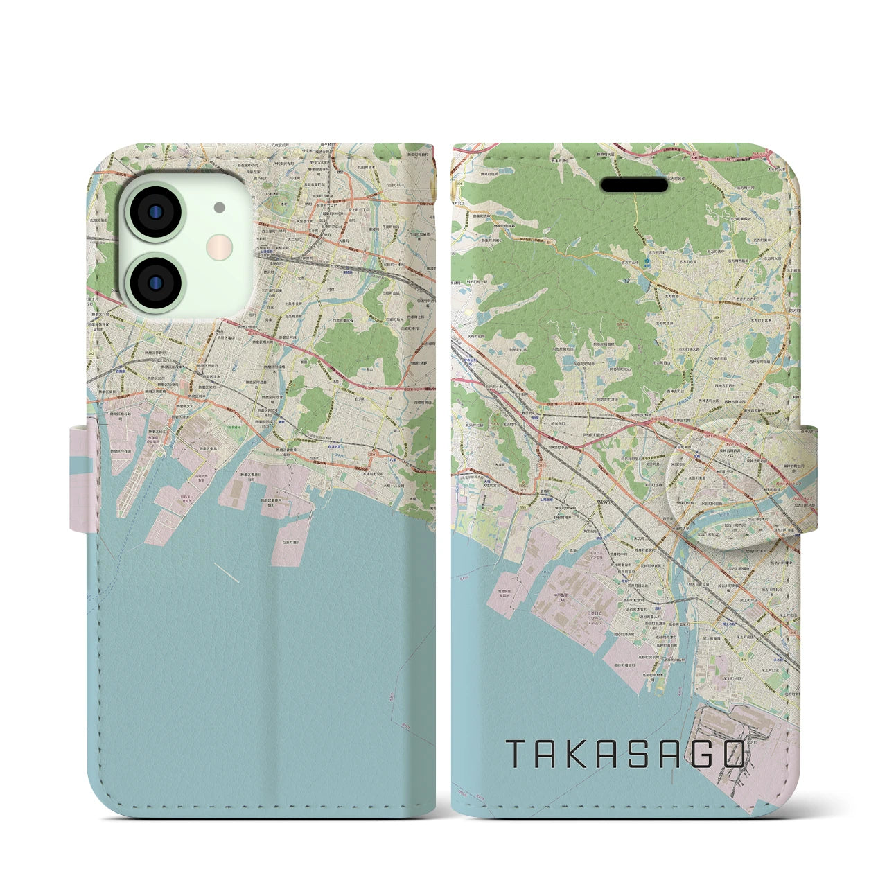 【高砂(兵庫県)】地図柄iPhoneケース(手帳タイプ)ナチュラル・iPhone 12 mini 用