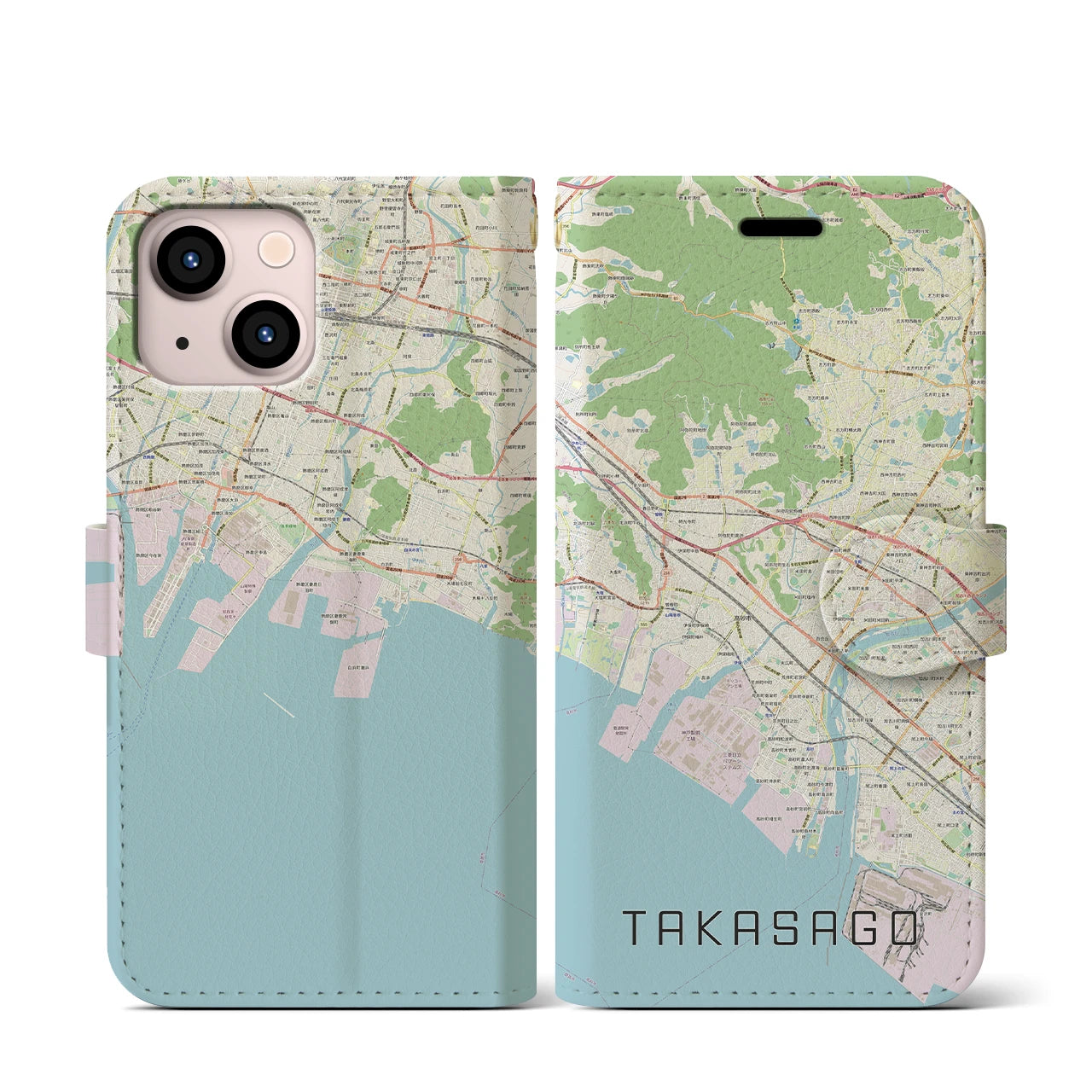 【高砂(兵庫県)】地図柄iPhoneケース(手帳タイプ)ナチュラル・iPhone 13 mini 用