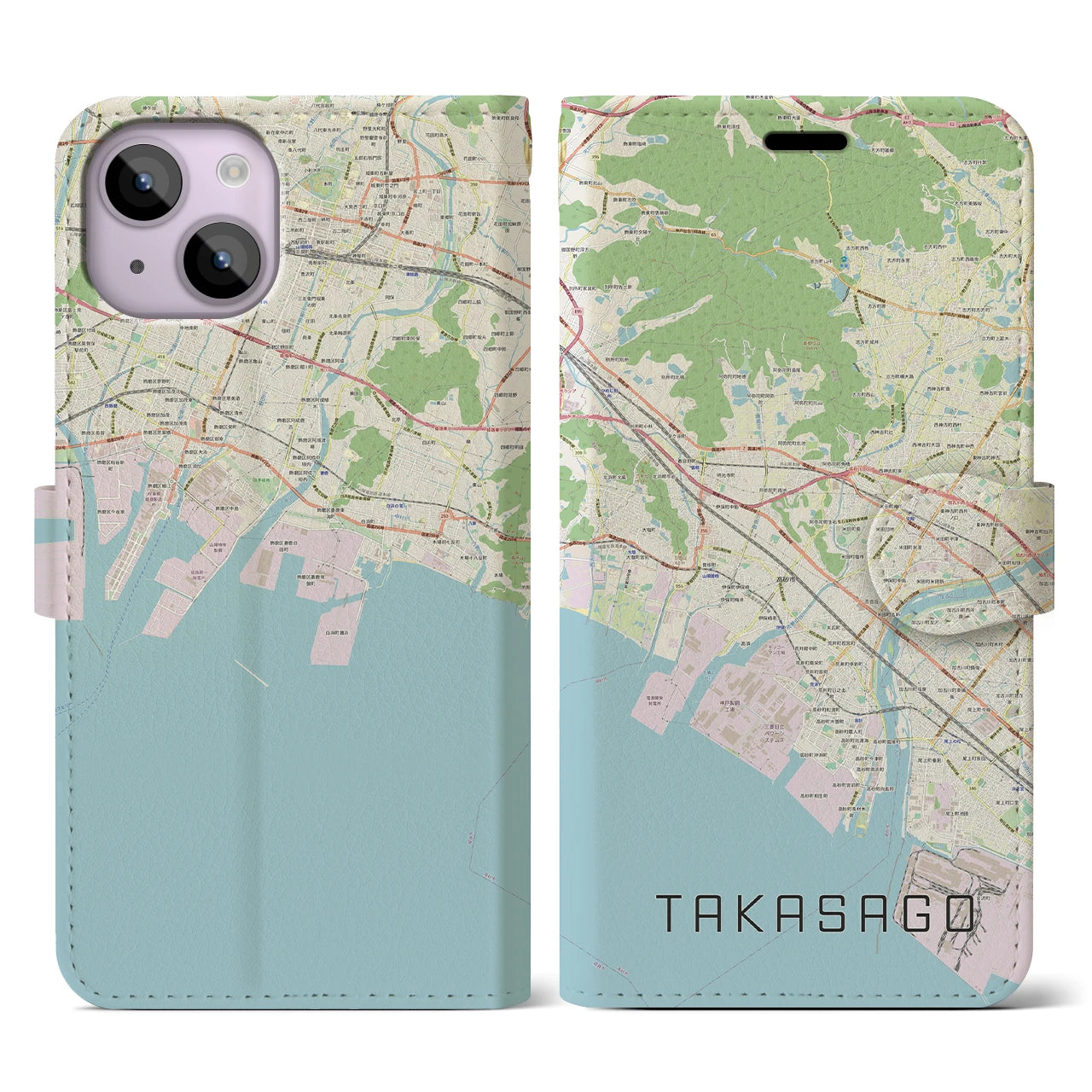 【高砂(兵庫県)】地図柄iPhoneケース(手帳タイプ)ナチュラル・iPhone 14 用