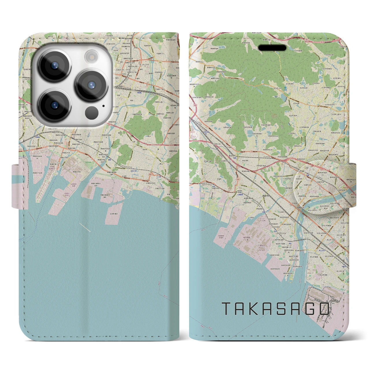 【高砂(兵庫県)】地図柄iPhoneケース(手帳タイプ)ナチュラル・iPhone 14 Pro 用