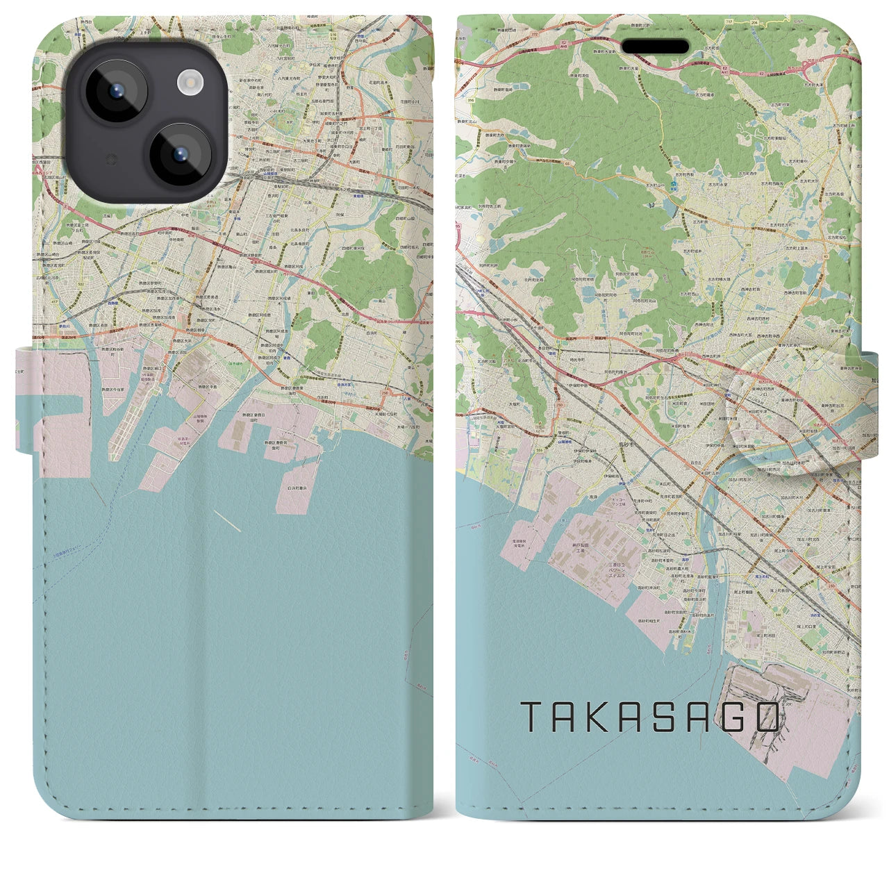 【高砂(兵庫県)】地図柄iPhoneケース(手帳タイプ)ナチュラル・iPhone 14 Plus 用