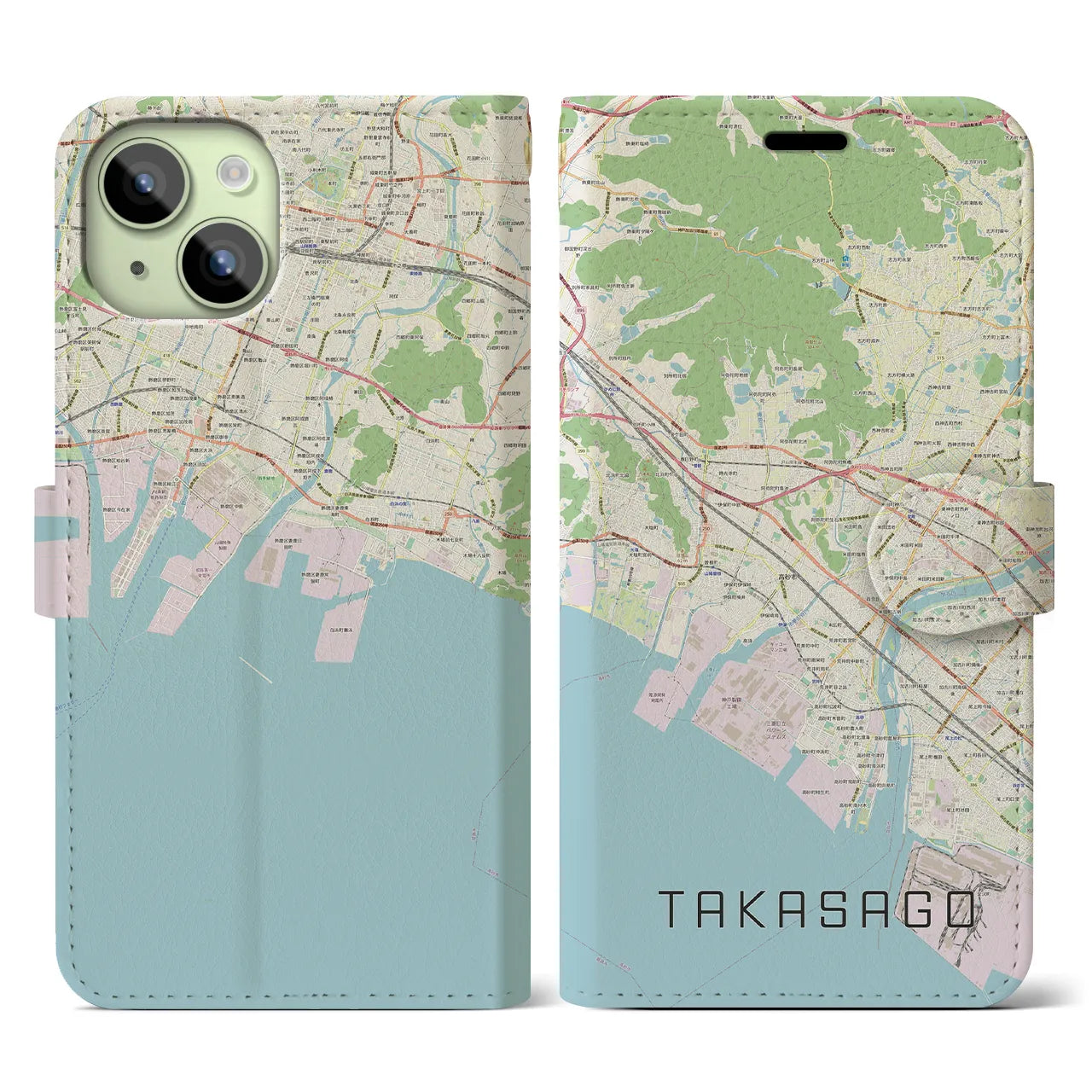 【高砂(兵庫県)】地図柄iPhoneケース(手帳タイプ)ナチュラル・iPhone 15 用