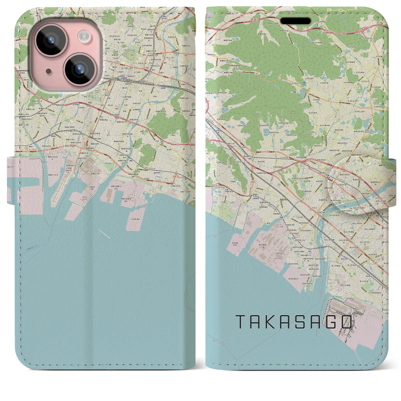 【高砂(兵庫県)】地図柄iPhoneケース(手帳タイプ)ナチュラル・iPhone 15 Plus 用