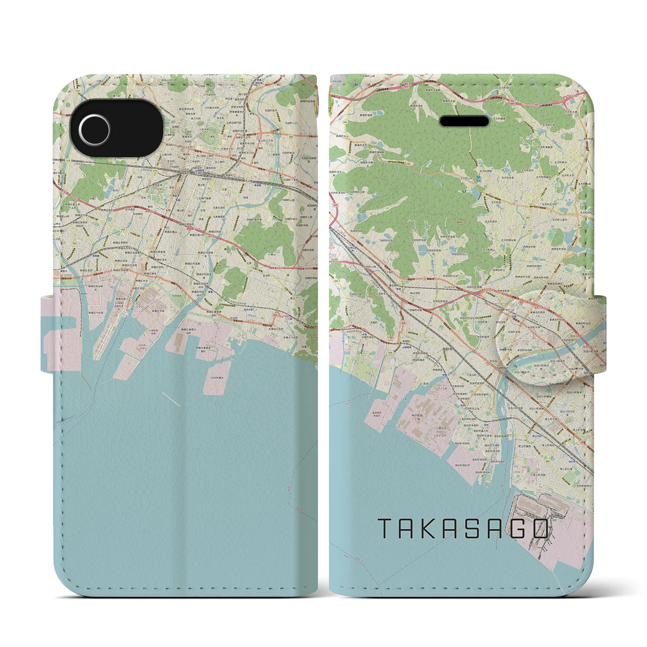 【高砂(兵庫県)】地図柄iPhoneケース(手帳タイプ)ナチュラル・iPhone SE(第3 / 第2世代) / 8 / 7 / 6s / 6 用