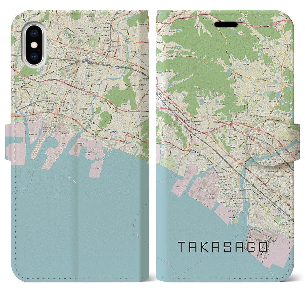 【高砂(兵庫県)】地図柄iPhoneケース(手帳タイプ)ナチュラル・iPhone XS Max 用