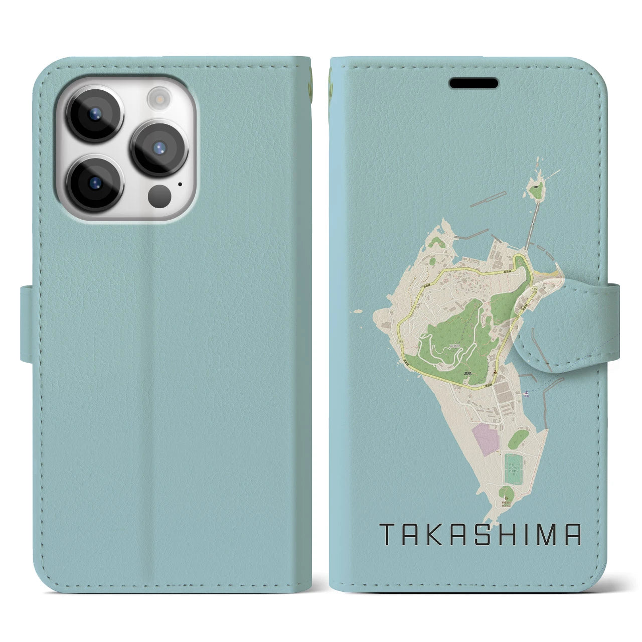【高島(長崎県)】地図柄iPhoneケース(手帳タイプ)ナチュラル・iPhone 14 Pro 用