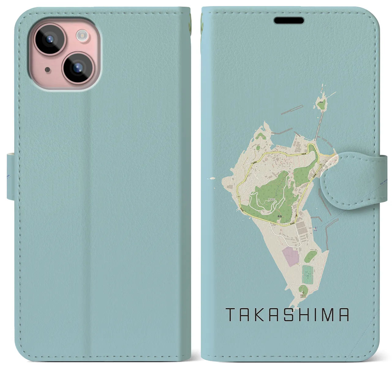 【高島(長崎県)】地図柄iPhoneケース(手帳タイプ)ナチュラル・iPhone 15 Plus 用