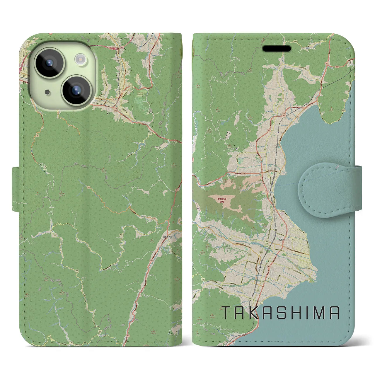 【高島(滋賀県)】地図柄iPhoneケース(手帳タイプ)ナチュラル・iPhone 15 用