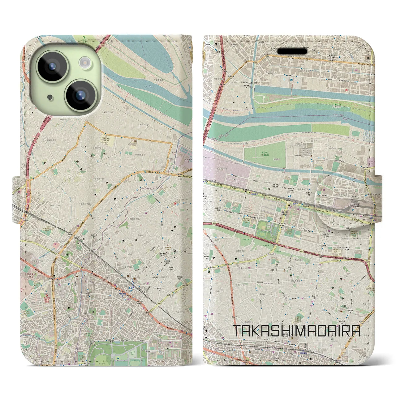 【高島平(東京都)】地図柄iPhoneケース(手帳タイプ)ナチュラル・iPhone 15 用