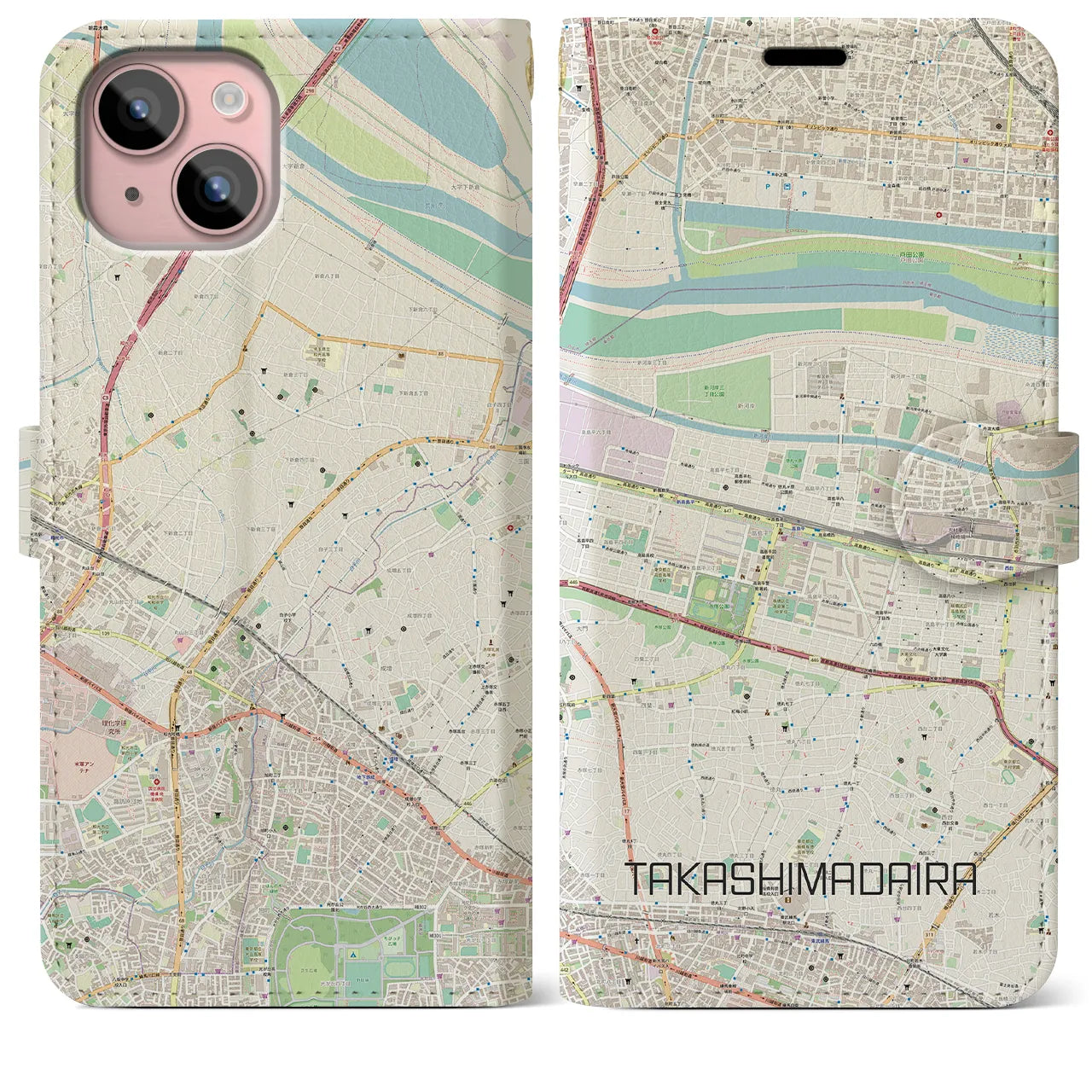 【高島平(東京都)】地図柄iPhoneケース(手帳タイプ)ナチュラル・iPhone 15 Plus 用
