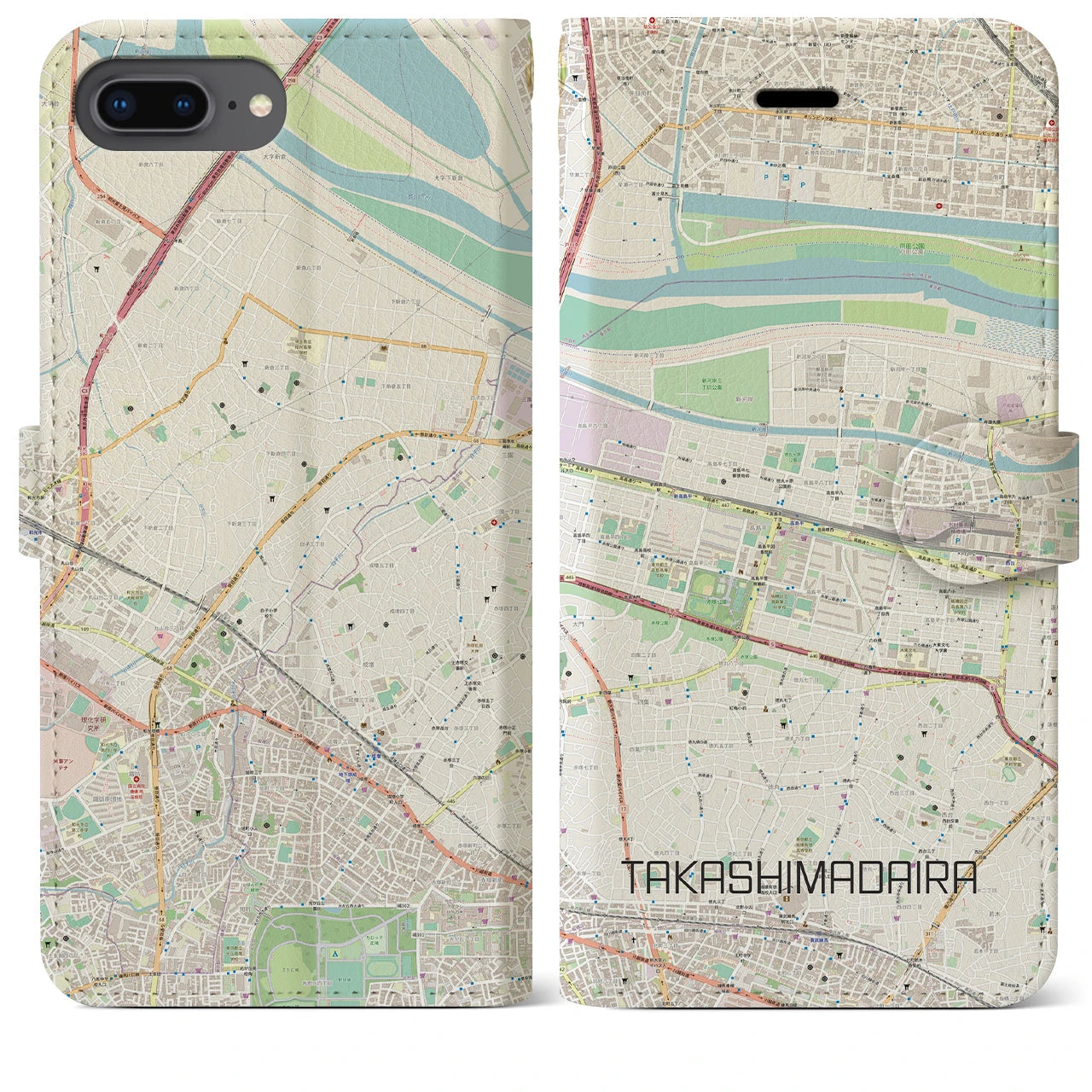 【高島平(東京都)】地図柄iPhoneケース(手帳タイプ)ナチュラル・iPhone 8Plus /7Plus / 6sPlus / 6Plus 用