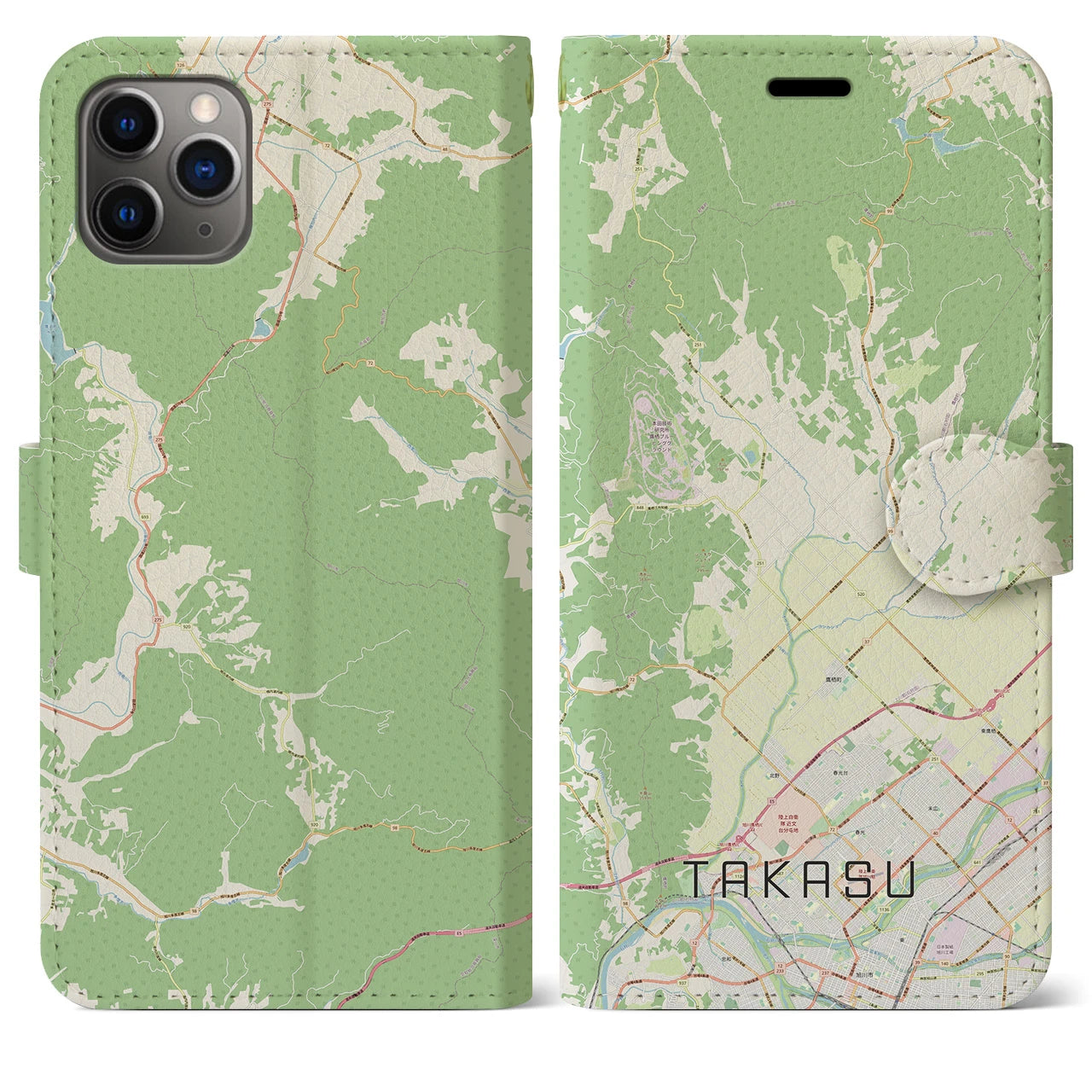 【鷹栖(北海道)】地図柄iPhoneケース(手帳タイプ)ナチュラル・iPhone 11 Pro Max 用