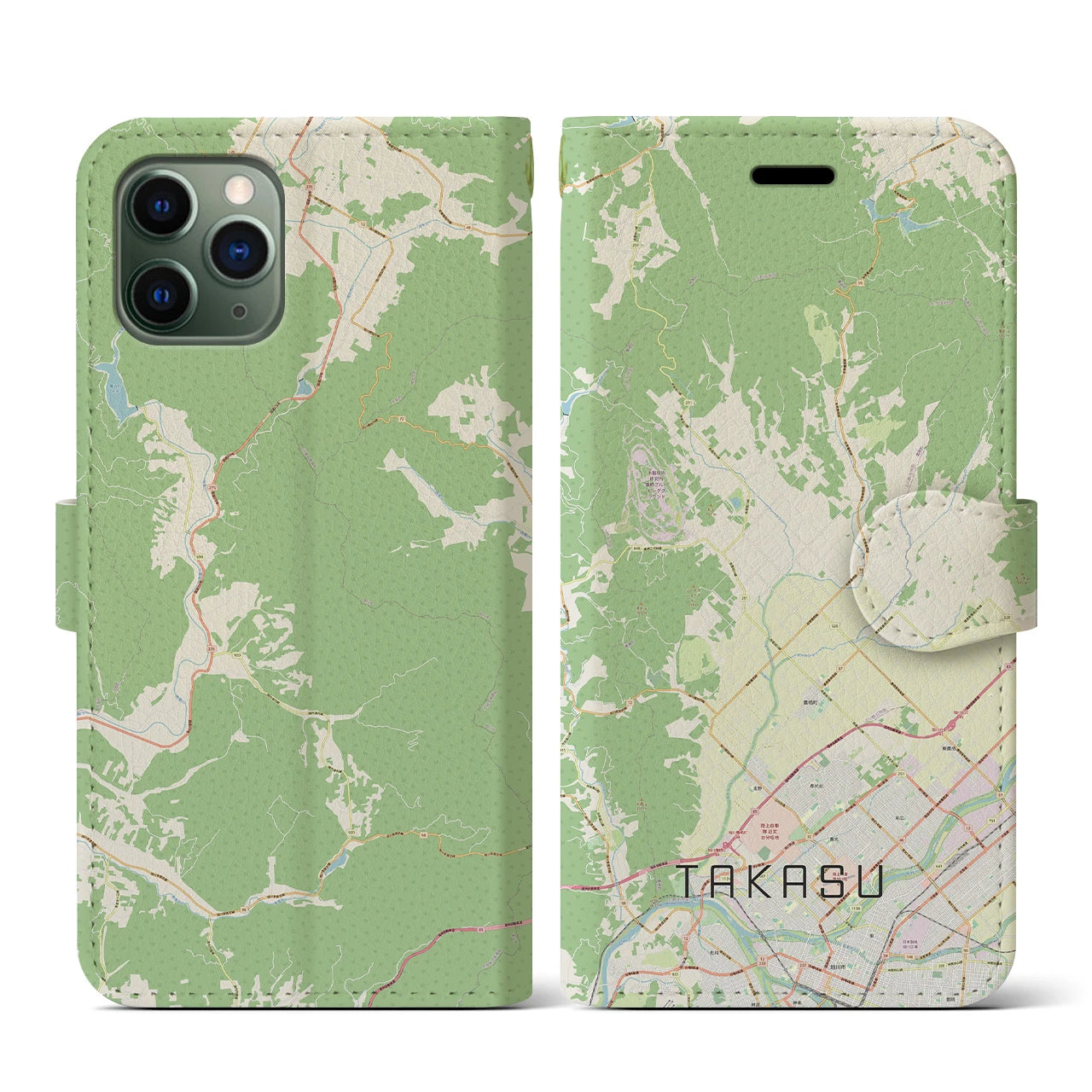 【鷹栖(北海道)】地図柄iPhoneケース(手帳タイプ)ナチュラル・iPhone 11 Pro 用