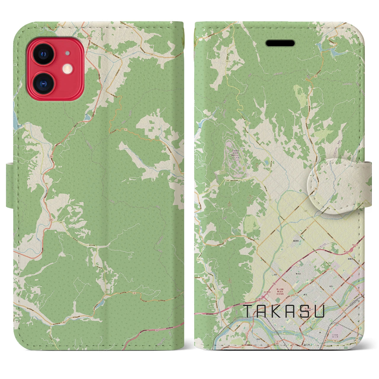 【鷹栖(北海道)】地図柄iPhoneケース(手帳タイプ)ナチュラル・iPhone 11 用