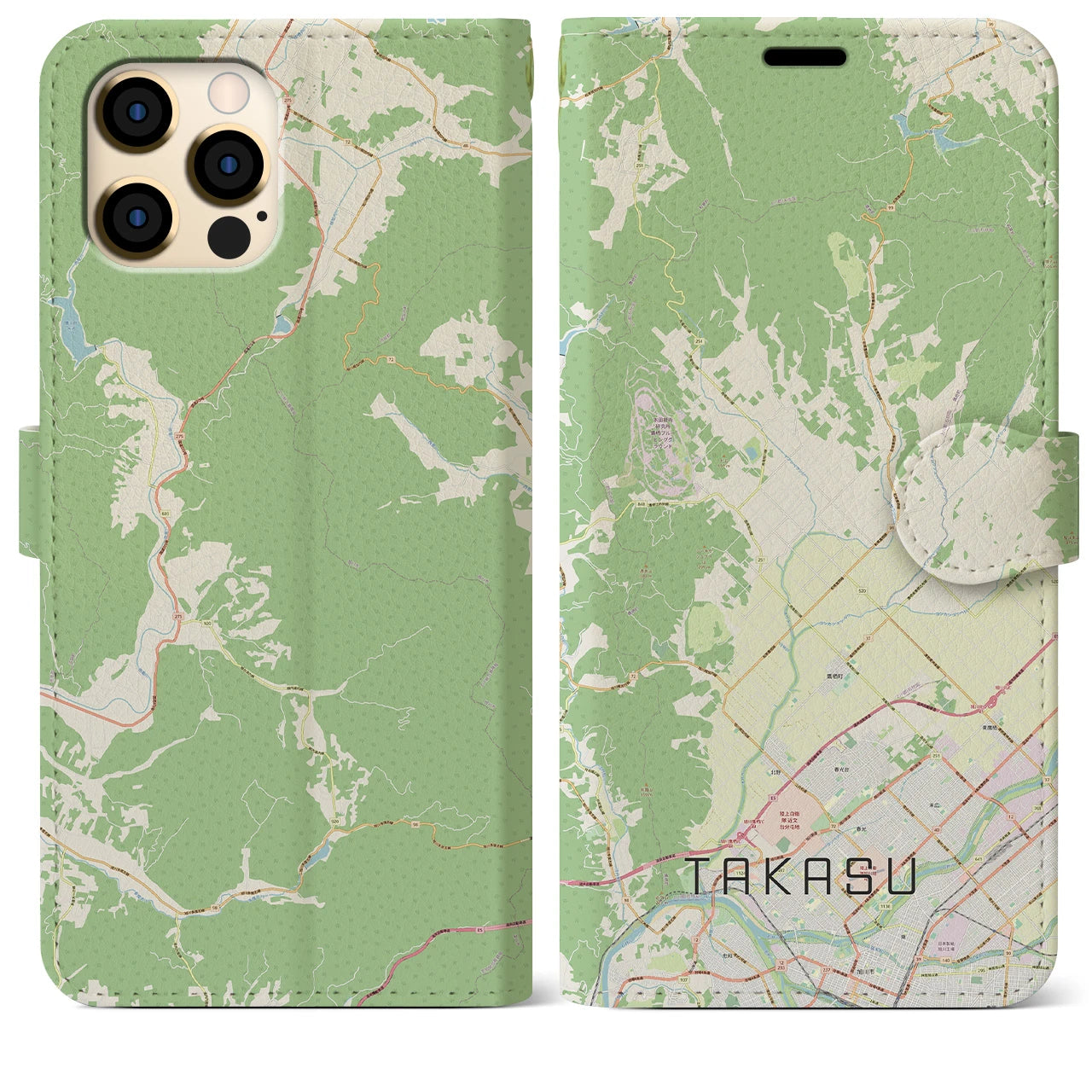 【鷹栖(北海道)】地図柄iPhoneケース(手帳タイプ)ナチュラル・iPhone 12 Pro Max 用