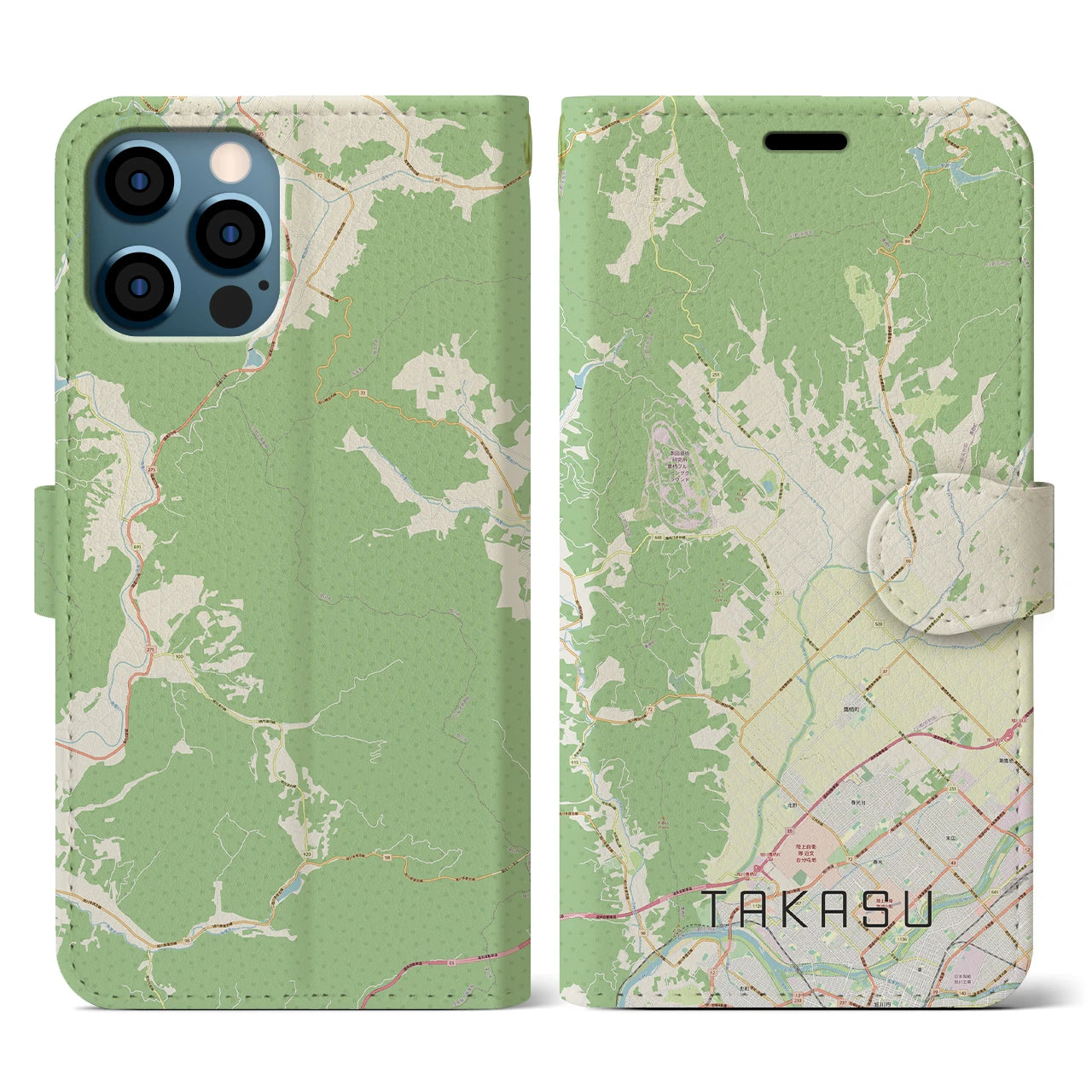 【鷹栖(北海道)】地図柄iPhoneケース(手帳タイプ)ナチュラル・iPhone 12 / 12 Pro 用