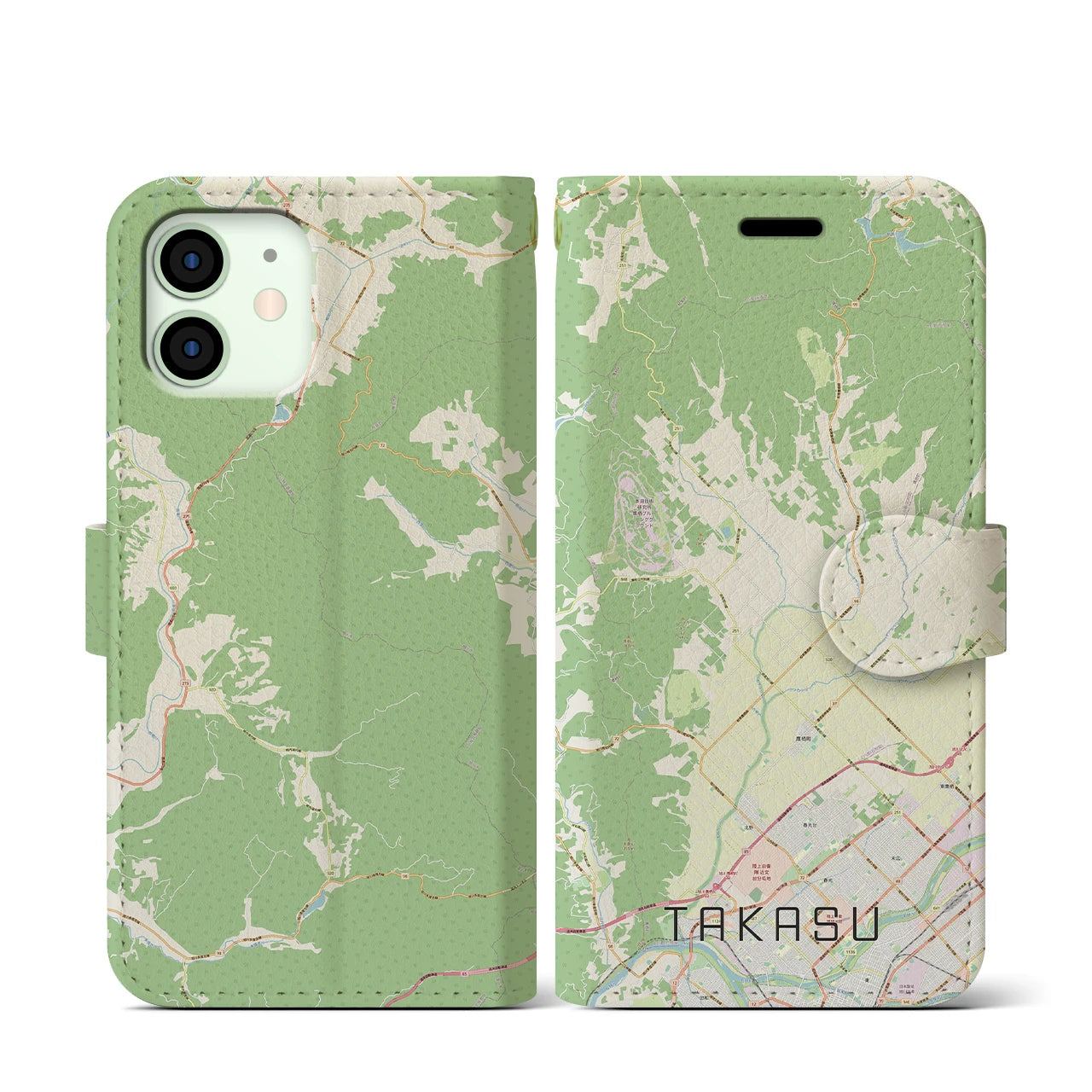 【鷹栖(北海道)】地図柄iPhoneケース(手帳タイプ)ナチュラル・iPhone 12 mini 用