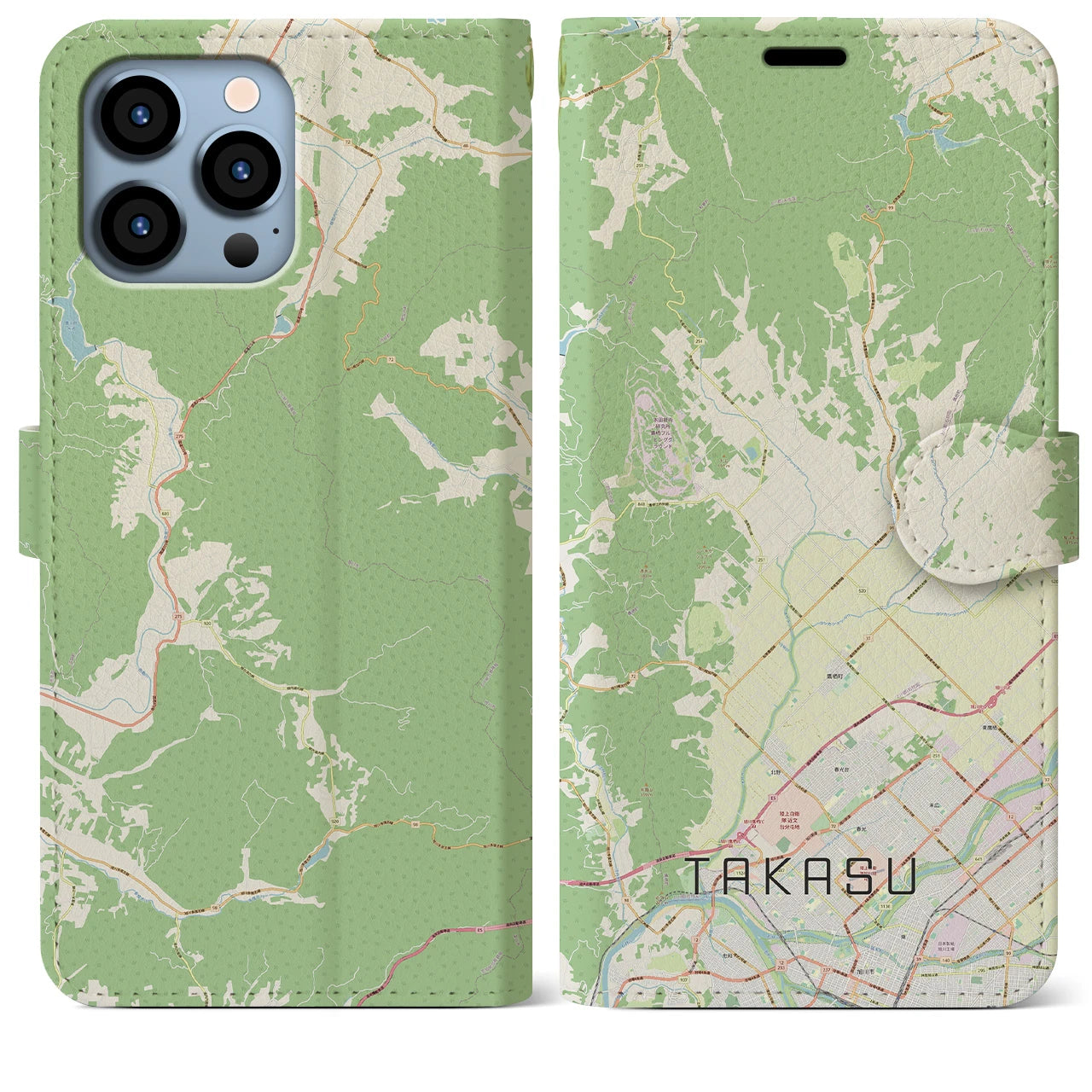 【鷹栖(北海道)】地図柄iPhoneケース(手帳タイプ)ナチュラル・iPhone 13 Pro Max 用