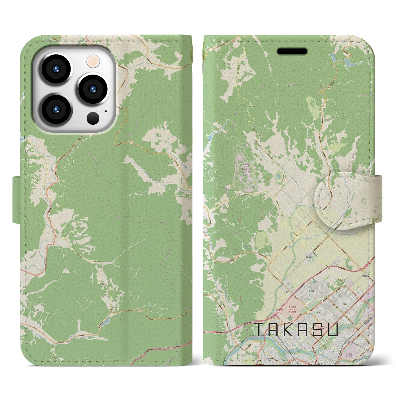 【鷹栖(北海道)】地図柄iPhoneケース(手帳タイプ)ナチュラル・iPhone 13 Pro 用