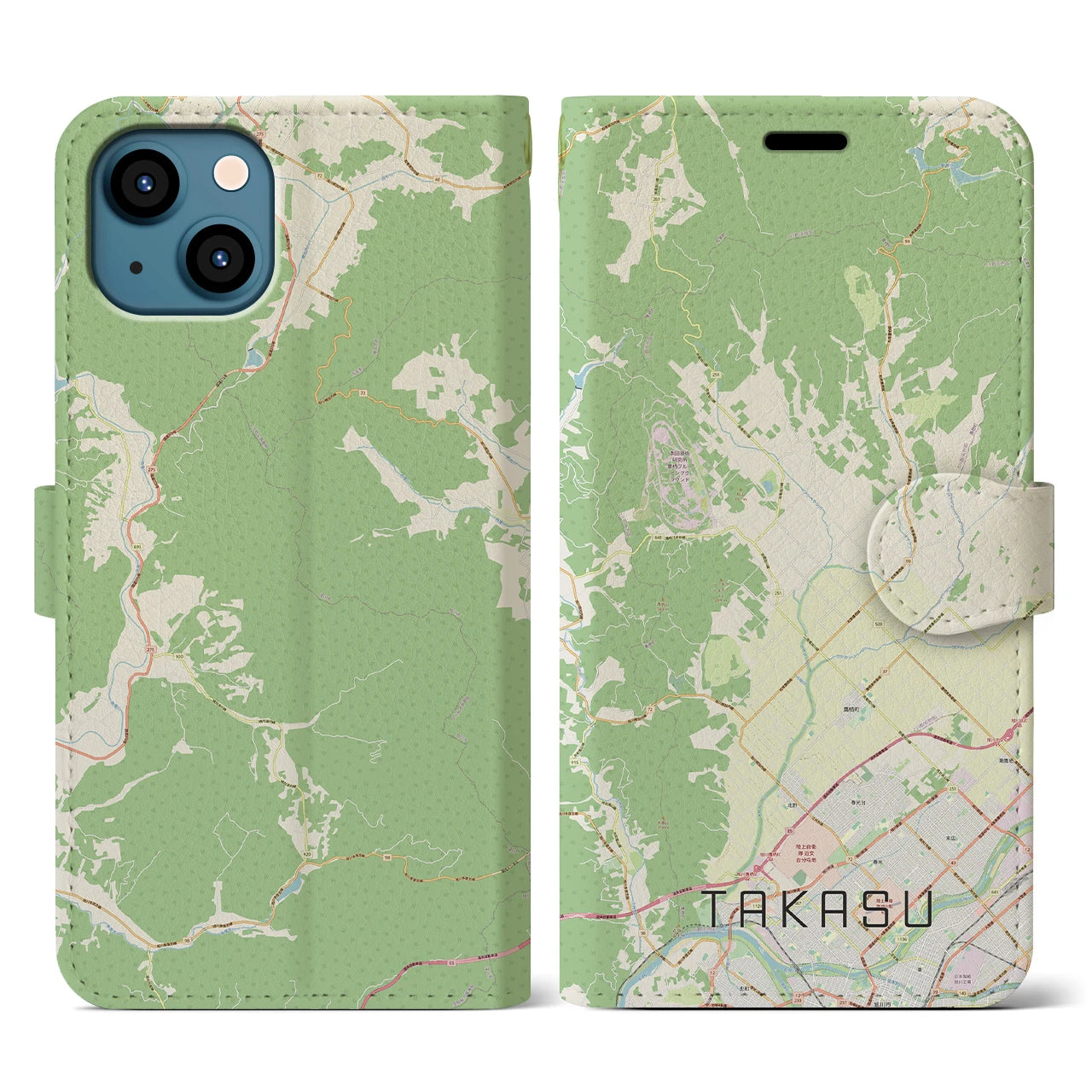 【鷹栖(北海道)】地図柄iPhoneケース(手帳タイプ)ナチュラル・iPhone 13 用