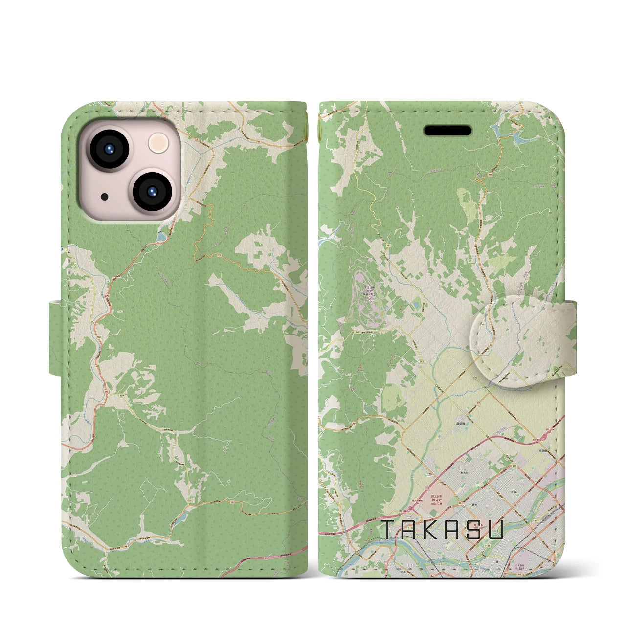 【鷹栖(北海道)】地図柄iPhoneケース(手帳タイプ)ナチュラル・iPhone 13 mini 用