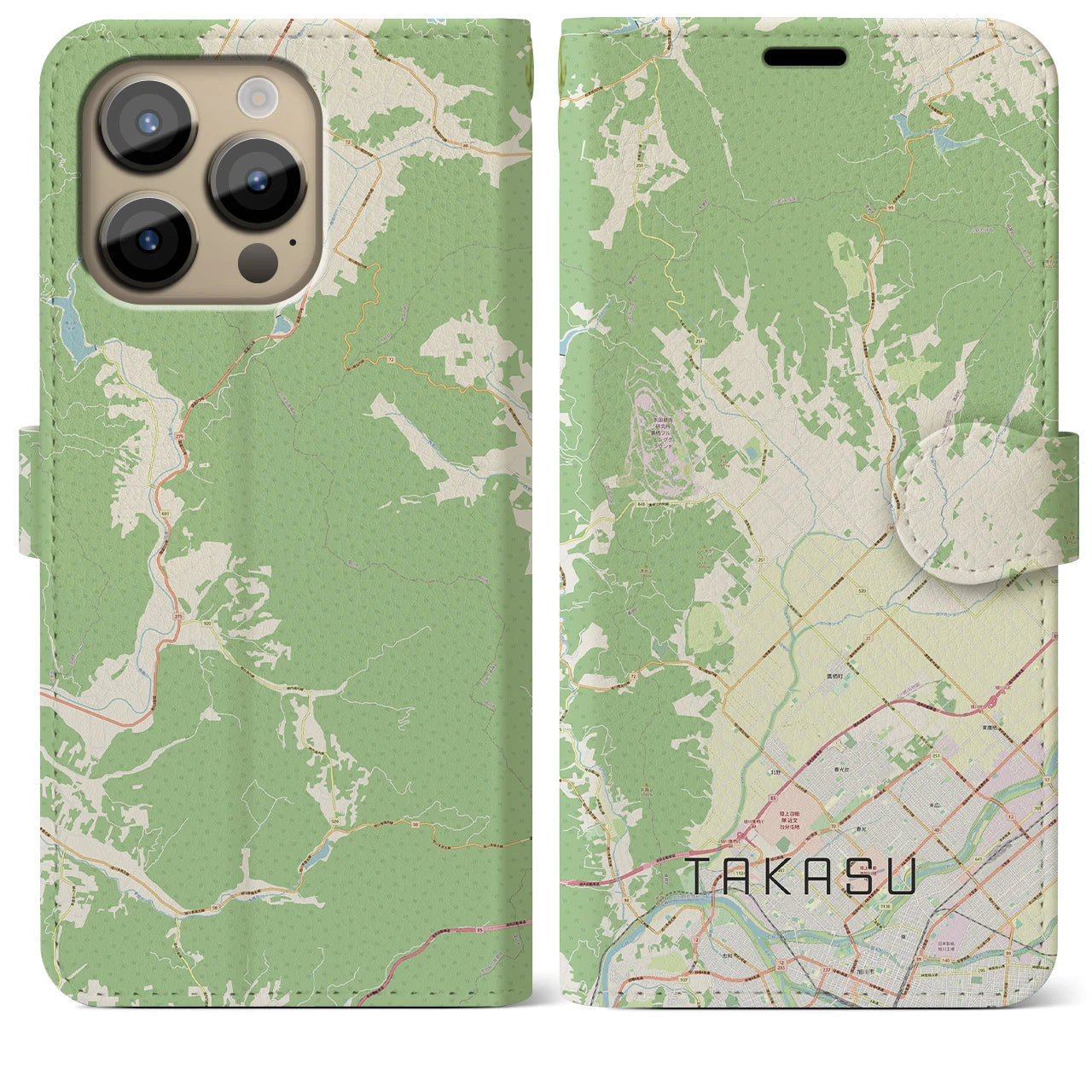 【鷹栖(北海道)】地図柄iPhoneケース(手帳タイプ)ナチュラル・iPhone 14 Pro Max 用
