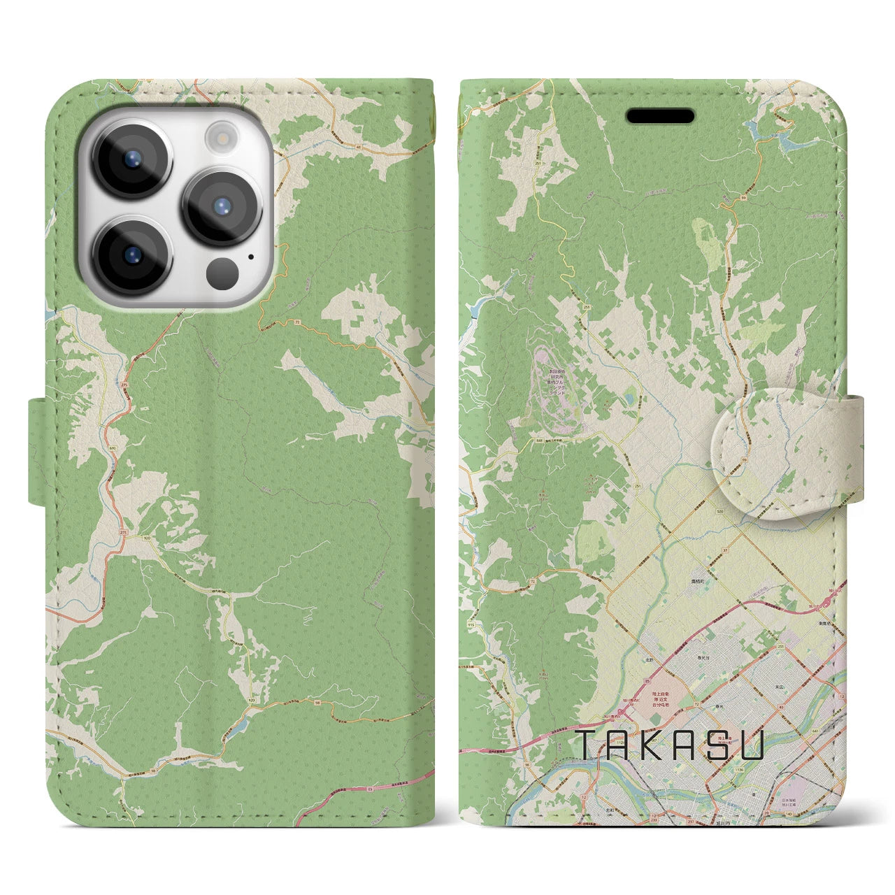 【鷹栖(北海道)】地図柄iPhoneケース(手帳タイプ)ナチュラル・iPhone 14 Pro 用