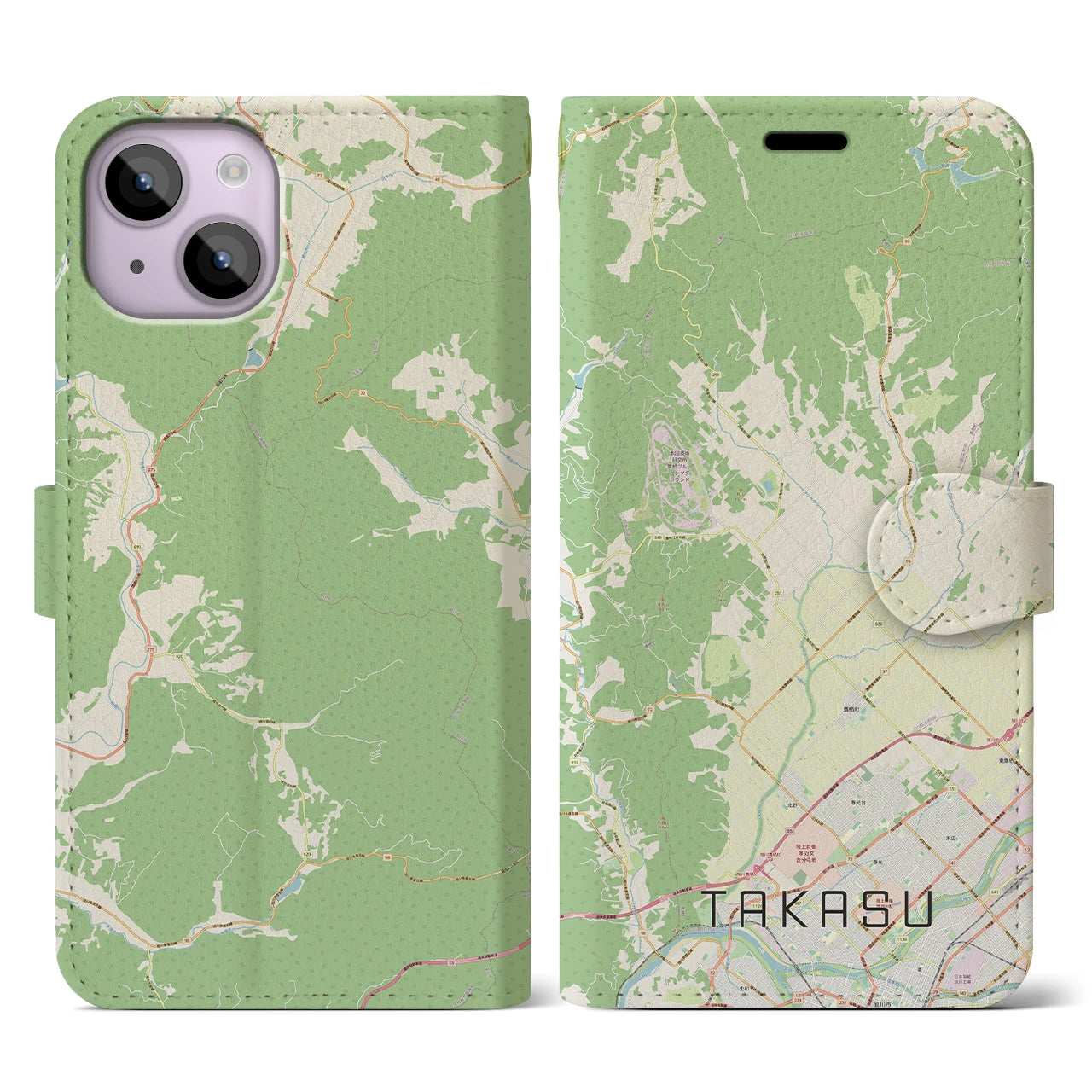 【鷹栖(北海道)】地図柄iPhoneケース(手帳タイプ)ナチュラル・iPhone 14 用
