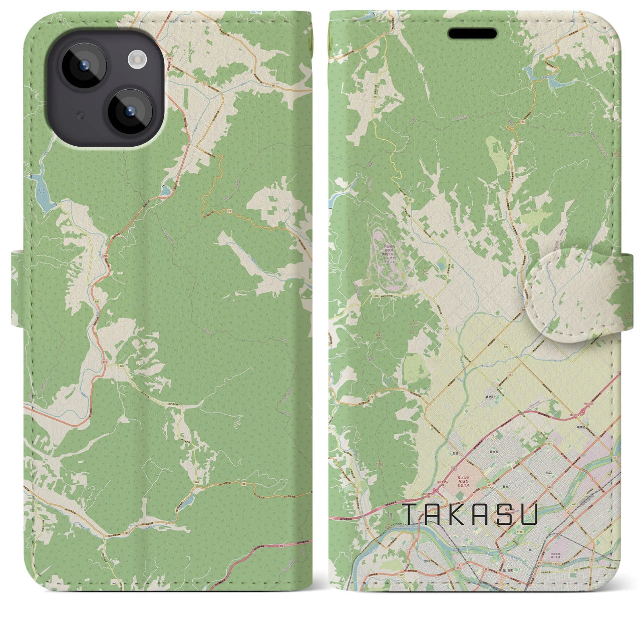 【鷹栖(北海道)】地図柄iPhoneケース(手帳タイプ)ナチュラル・iPhone 14 Plus 用