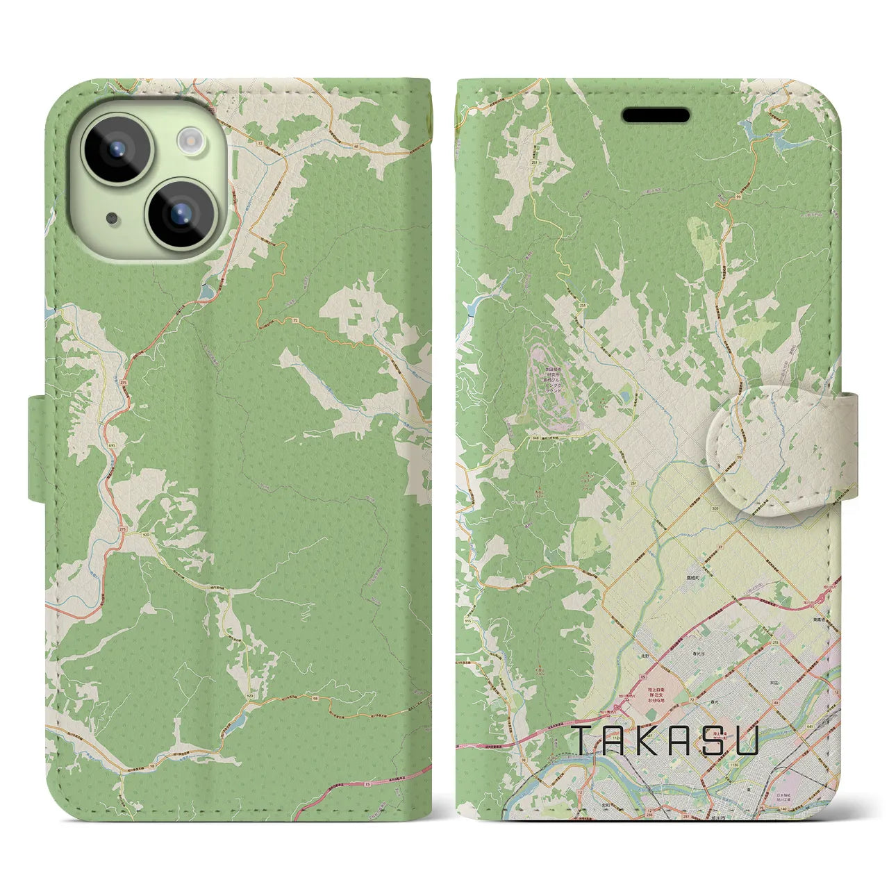 【鷹栖(北海道)】地図柄iPhoneケース(手帳タイプ)ナチュラル・iPhone 15 用